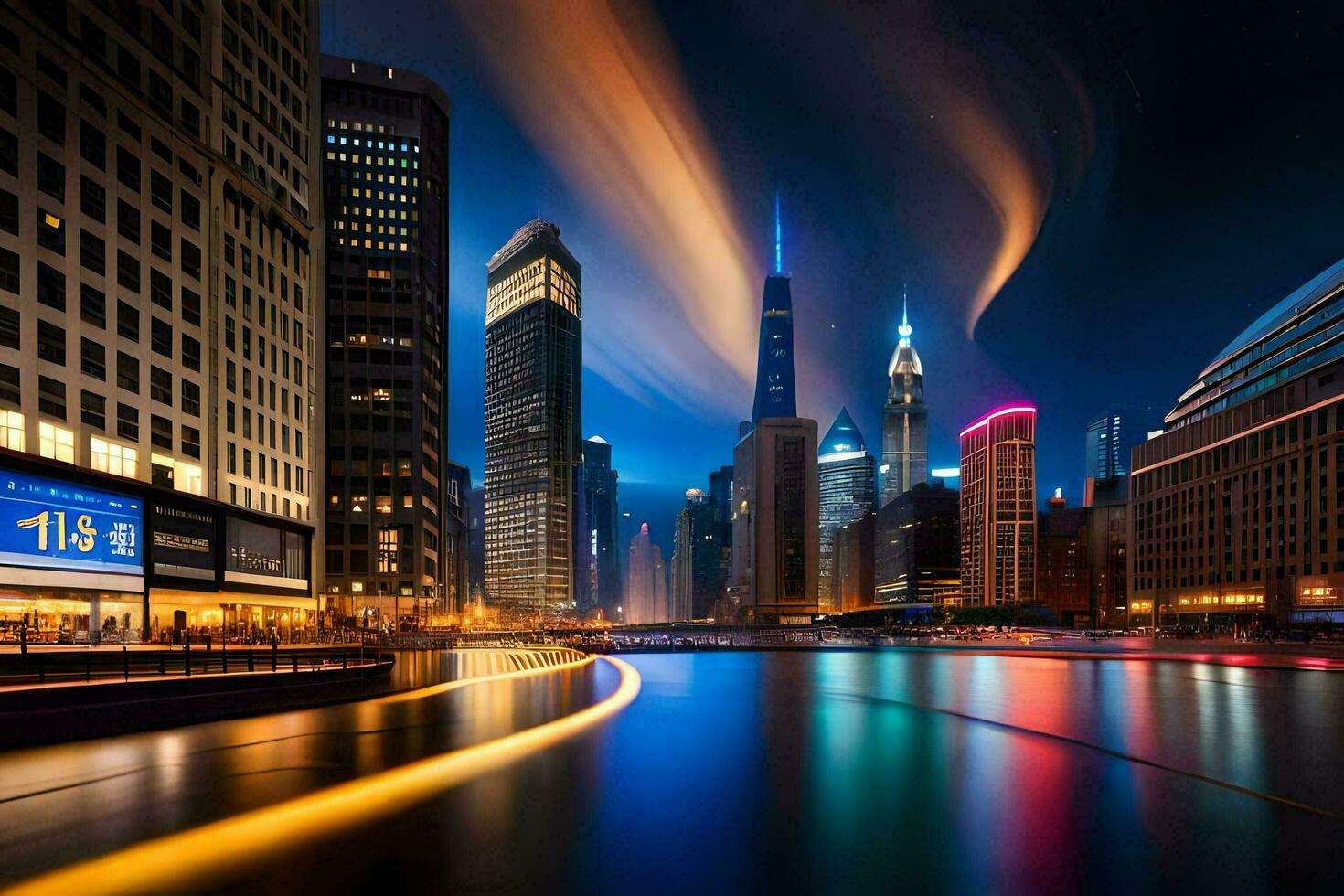 das Chicago Fluss beim Nacht mit Beleuchtung und Gebäude. KI-generiert foto