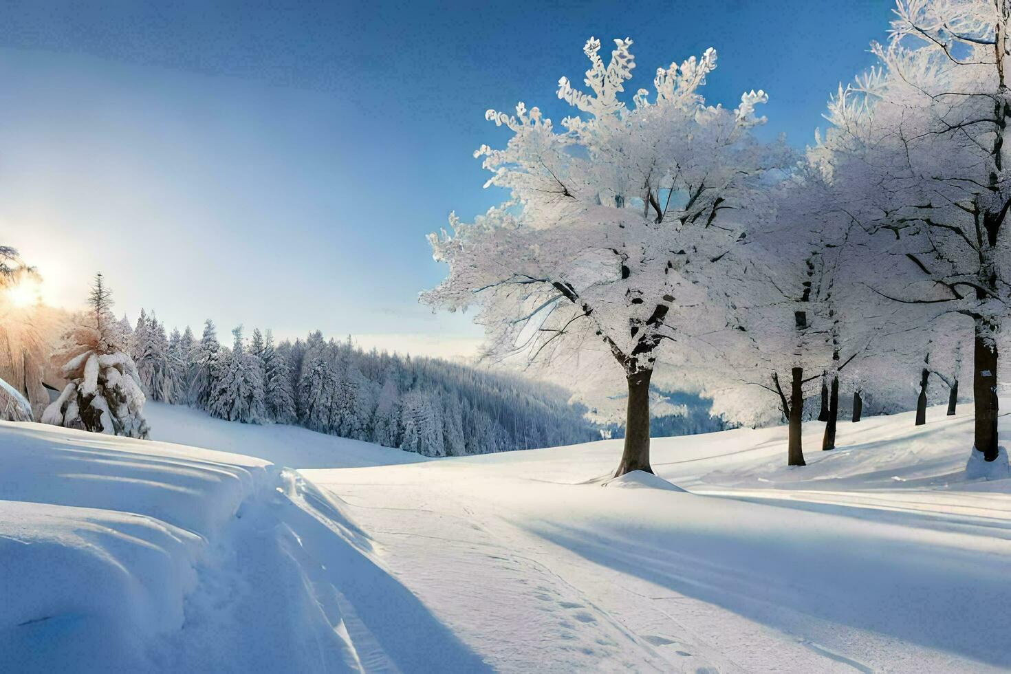 Schnee bedeckt Bäume im das Sonne. KI-generiert foto