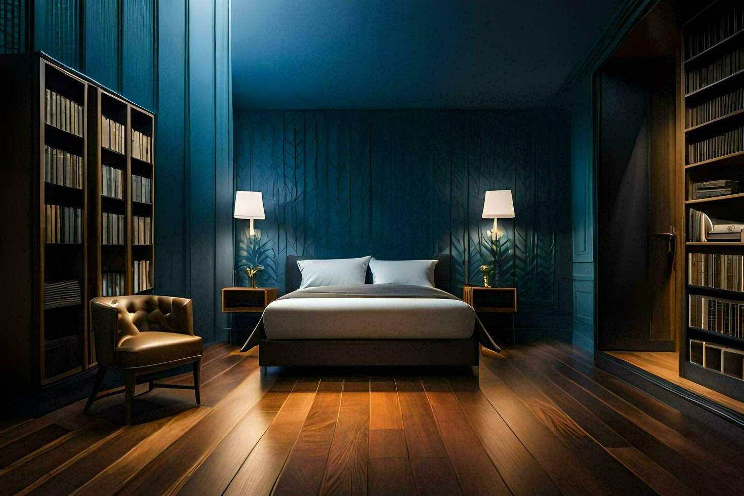 ein Schlafzimmer mit Blau Wände und hölzern Etagen. KI-generiert foto