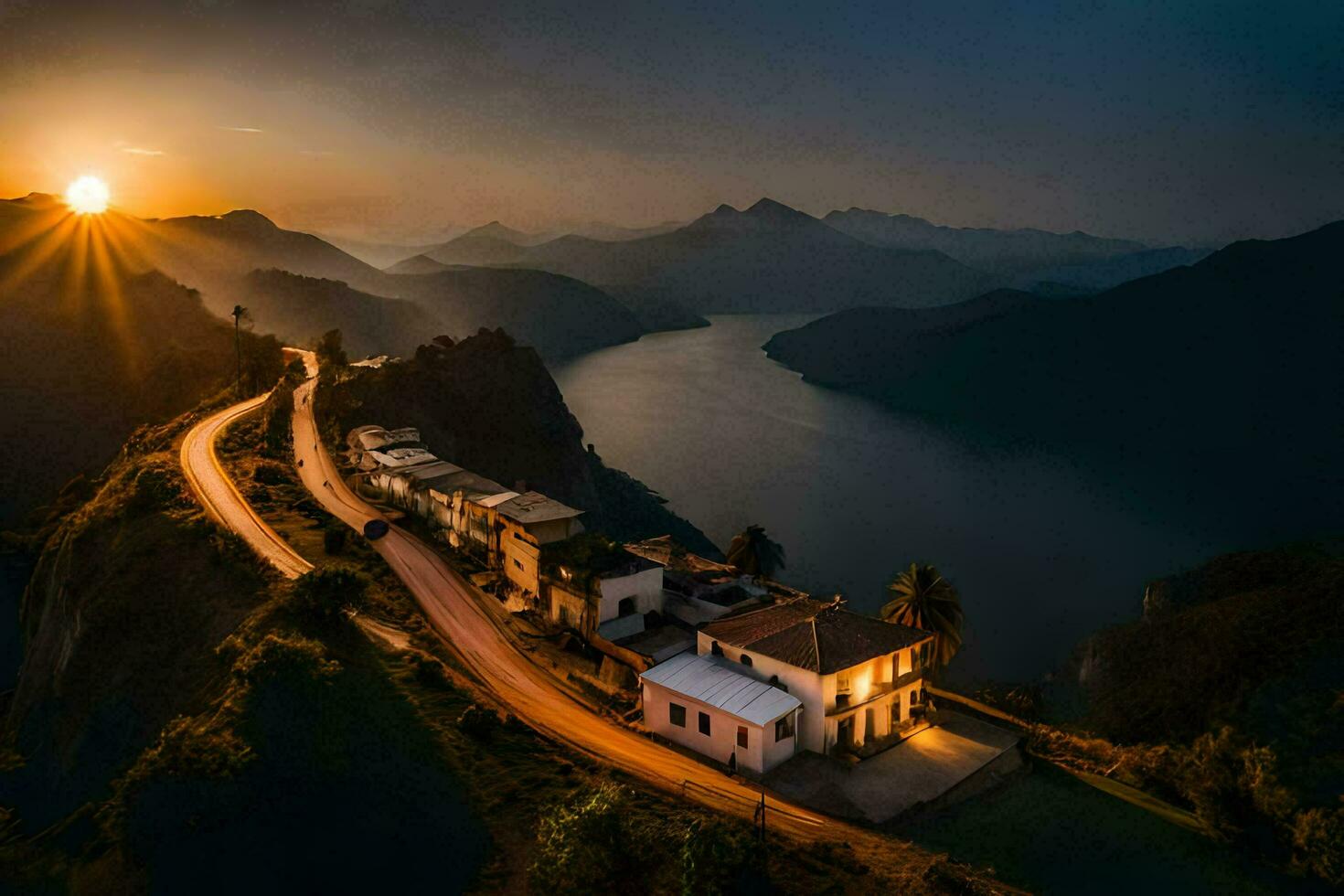 das Sonne setzt Über ein Berg Straße und ein Haus. KI-generiert foto