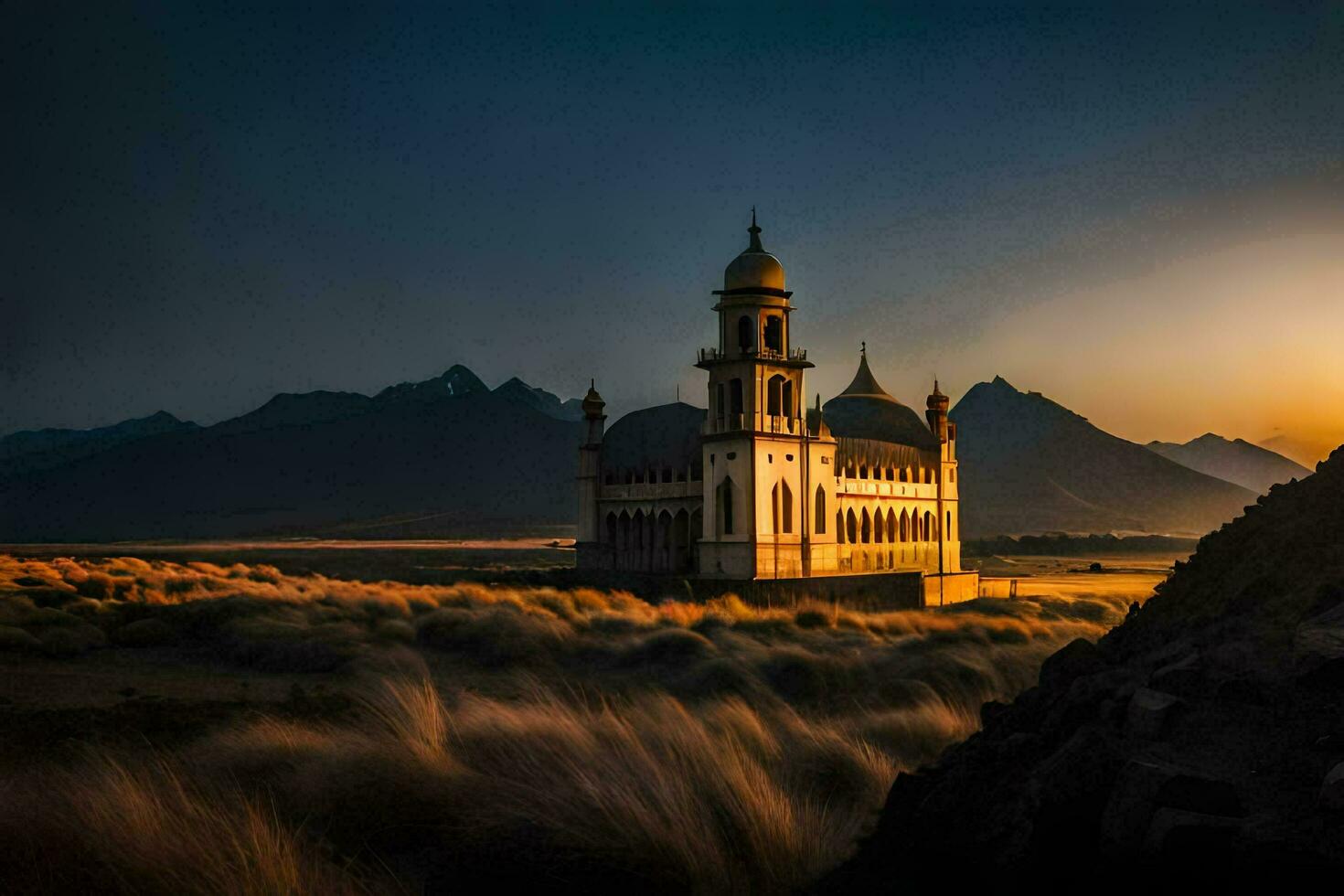 das Sonne setzt Über ein Moschee im das Mitte von das Wüste. KI-generiert foto