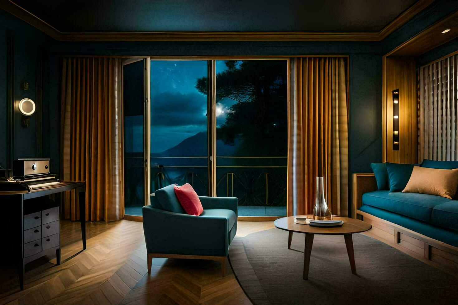 das Zimmer hat ein Blau Couch und ein Fenster mit ein Aussicht von das See. KI-generiert foto