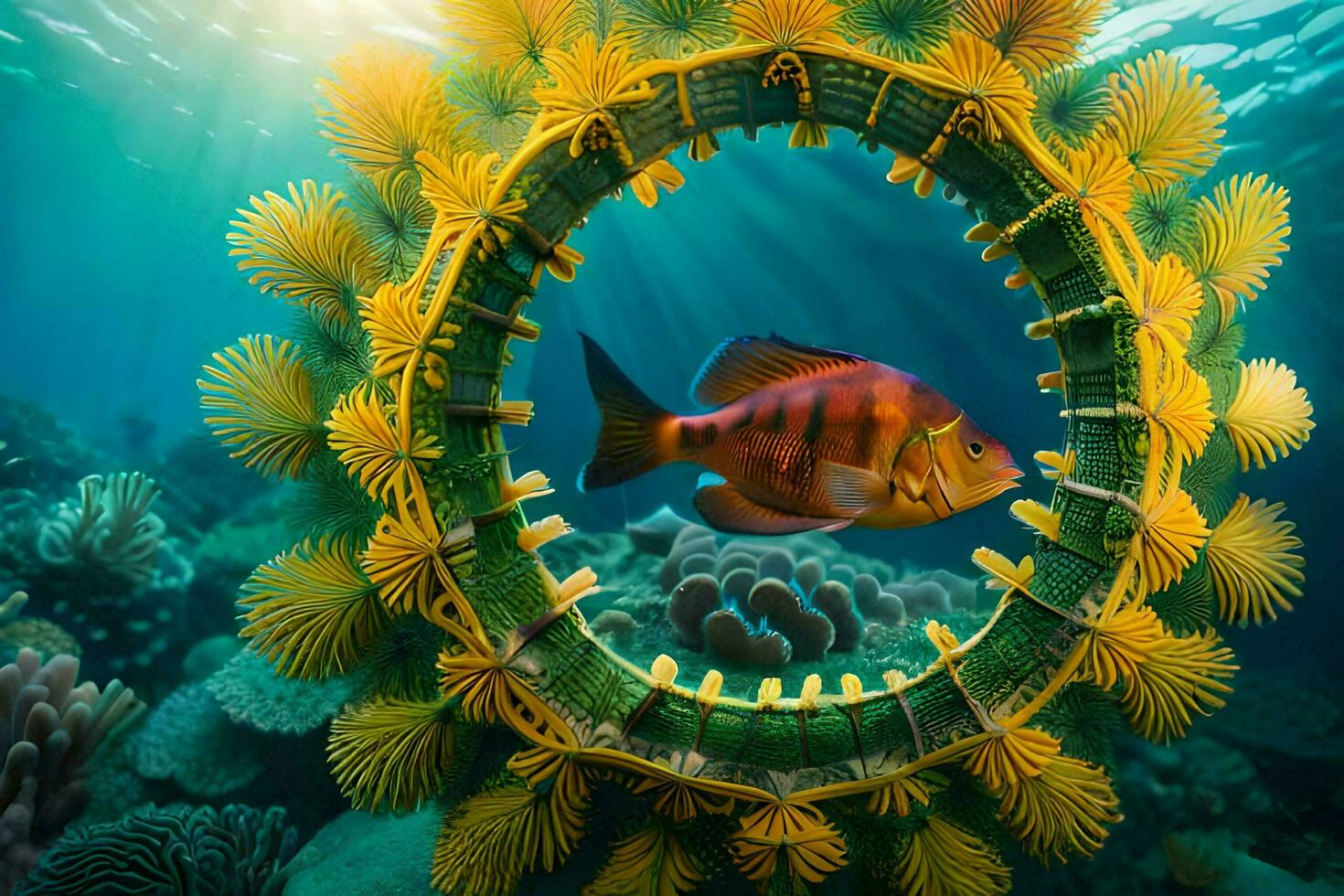 ein Fisch im ein kreisförmig Rahmen umgeben durch Koralle. KI-generiert foto