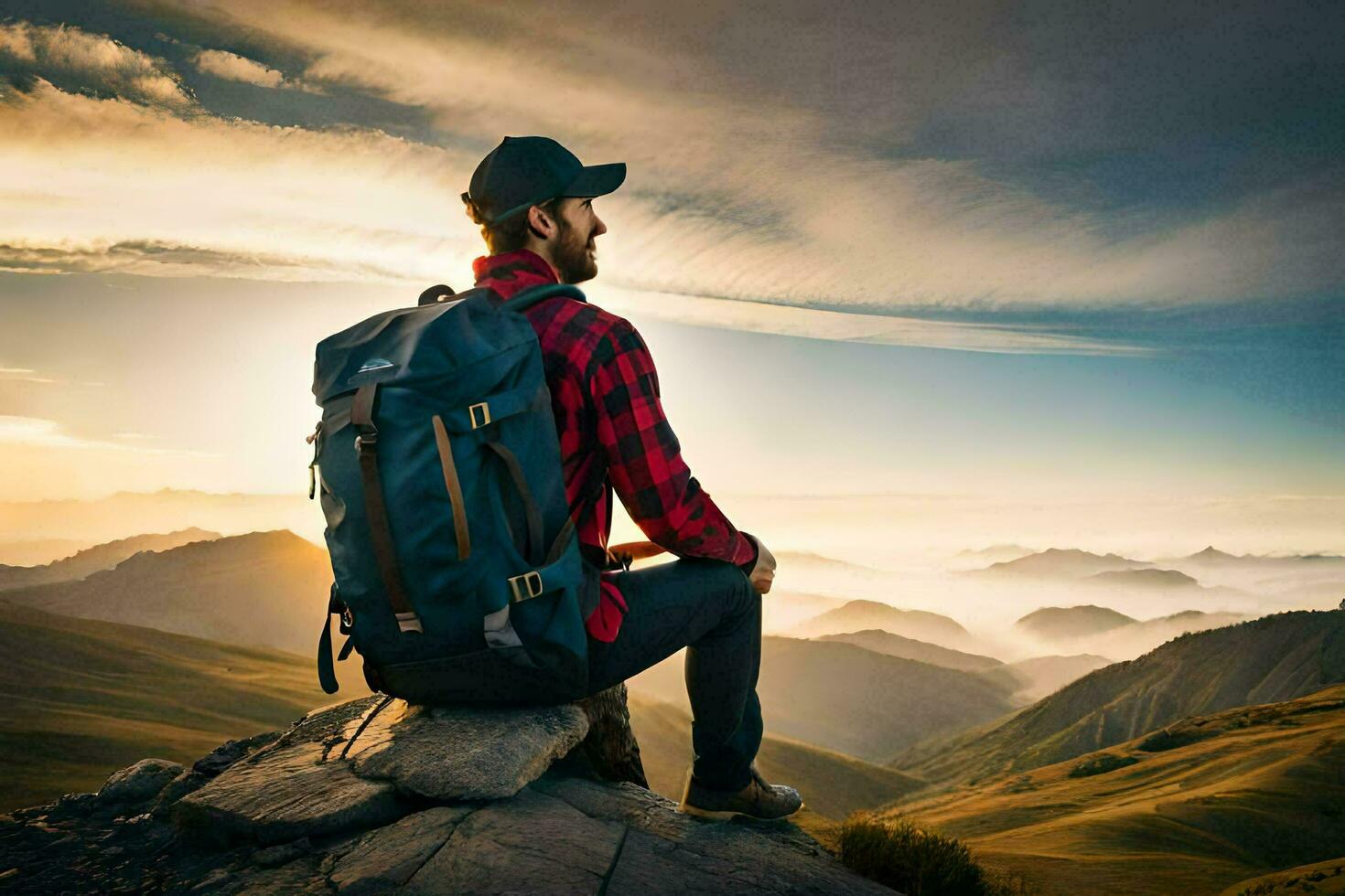 Mann Sitzung auf oben von Berg mit Rucksack und Hut. KI-generiert foto