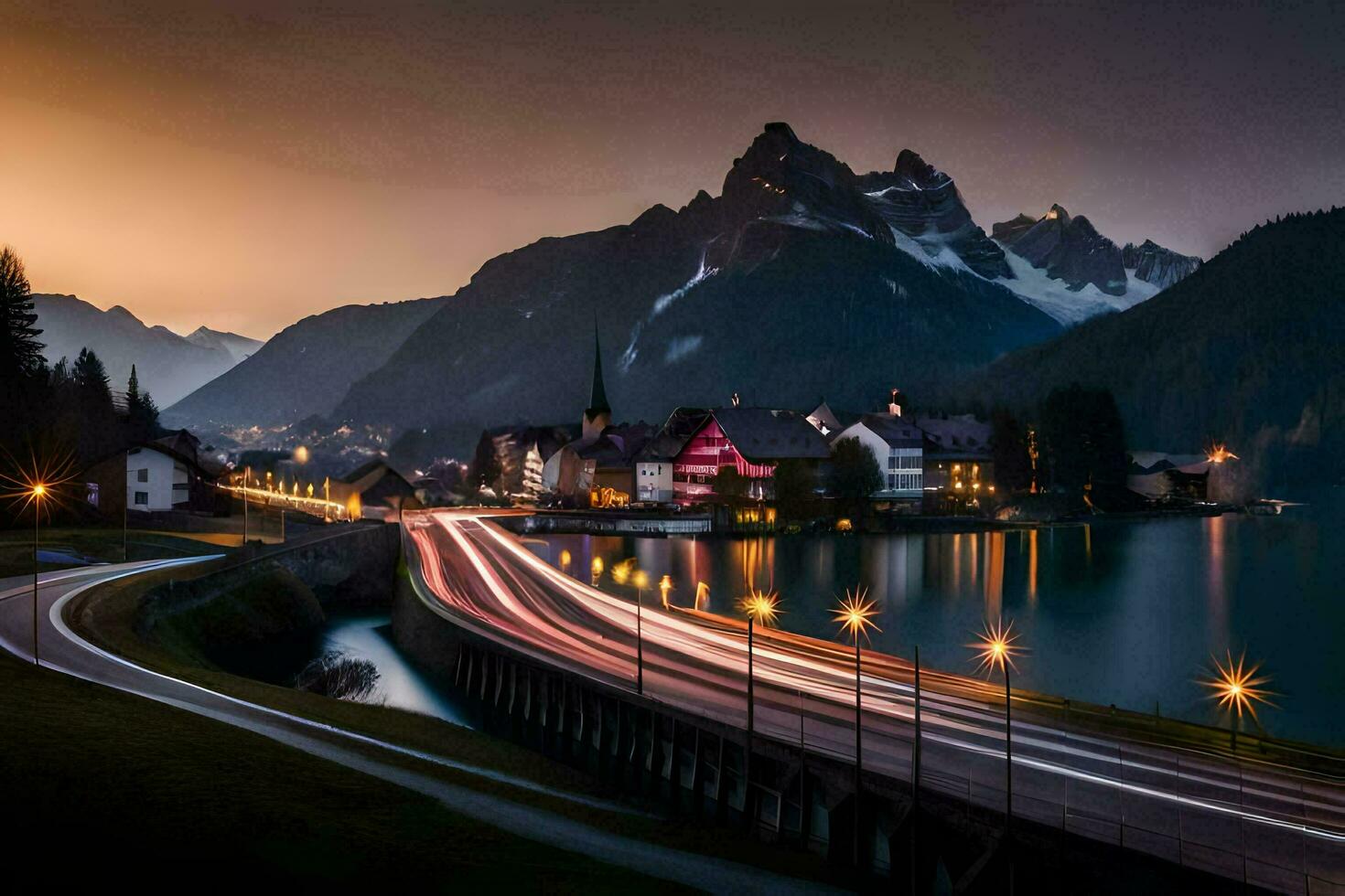 ein Stadt und See beim Dämmerung mit Berge im das Hintergrund. KI-generiert foto