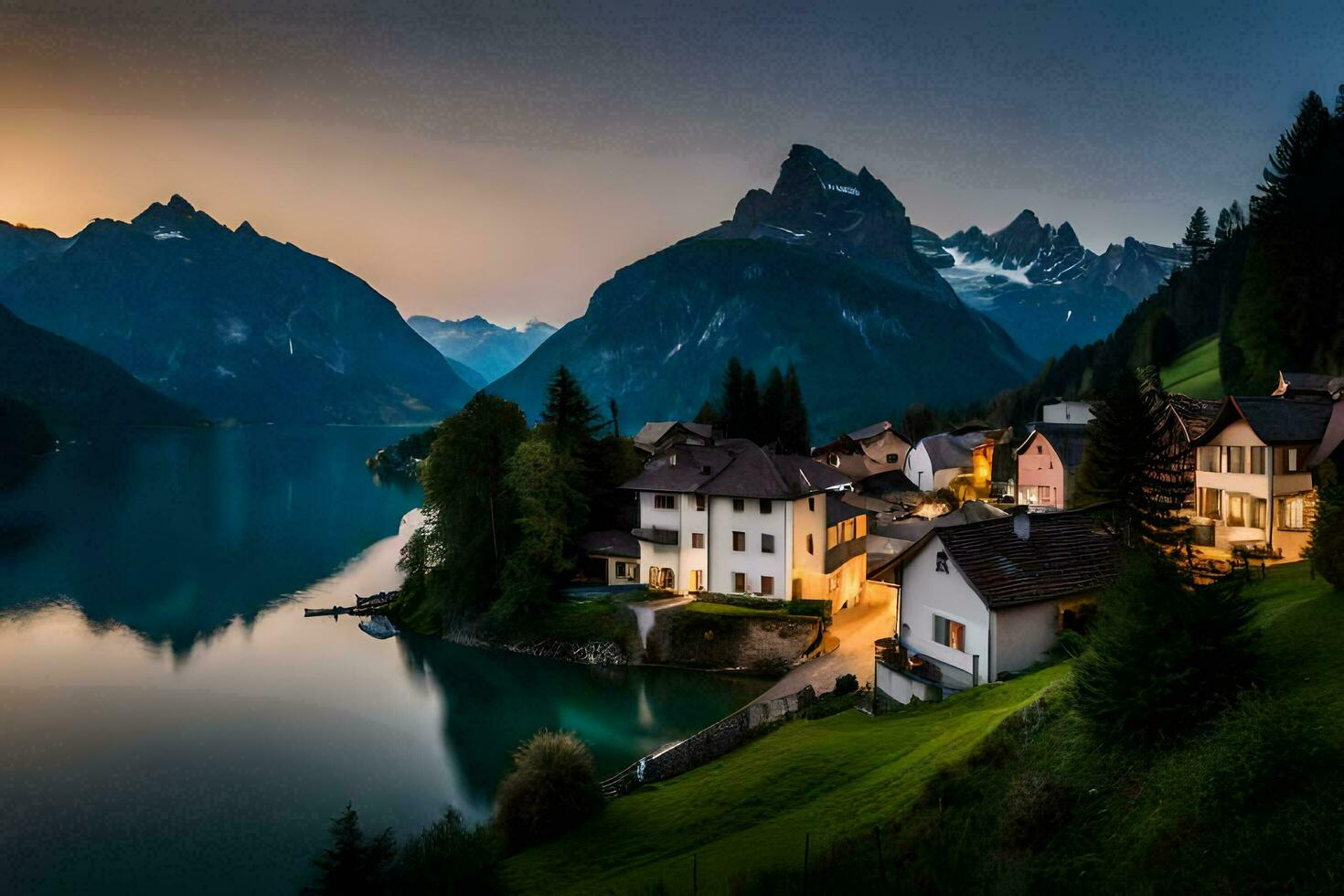 ein schön Sonnenuntergang Über ein See und Berg Bereich. KI-generiert foto