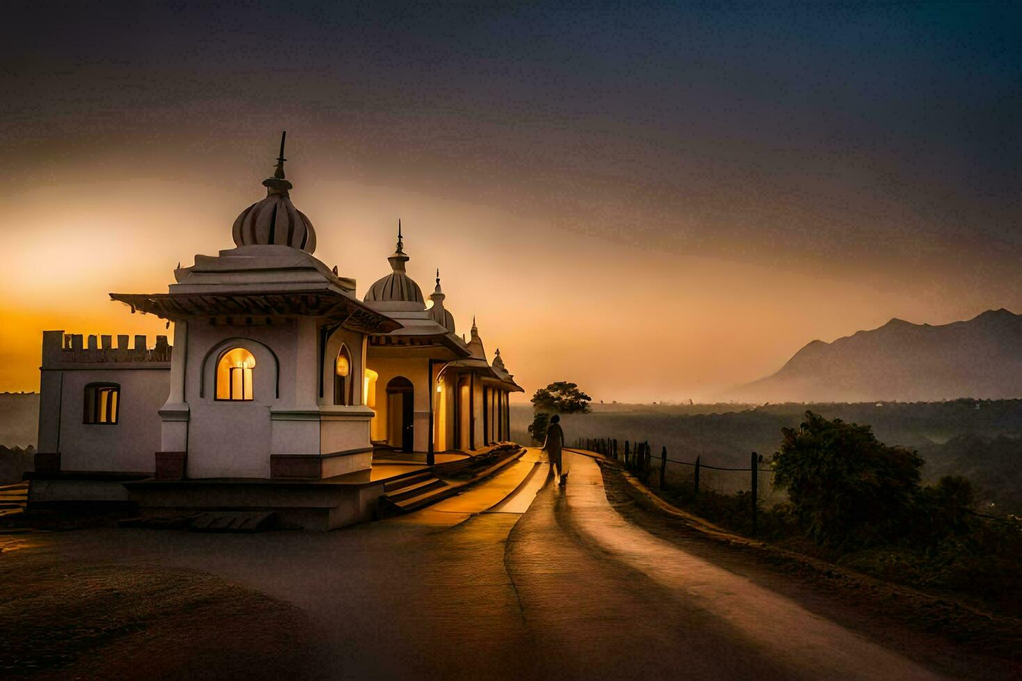 das Sonne setzt Über ein Tempel im das Berge. KI-generiert foto