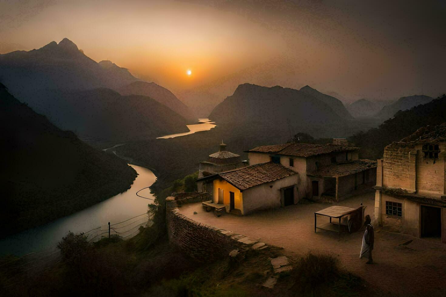 ein Mann steht im Vorderseite von ein Haus mit Blick auf ein Fluss. KI-generiert foto