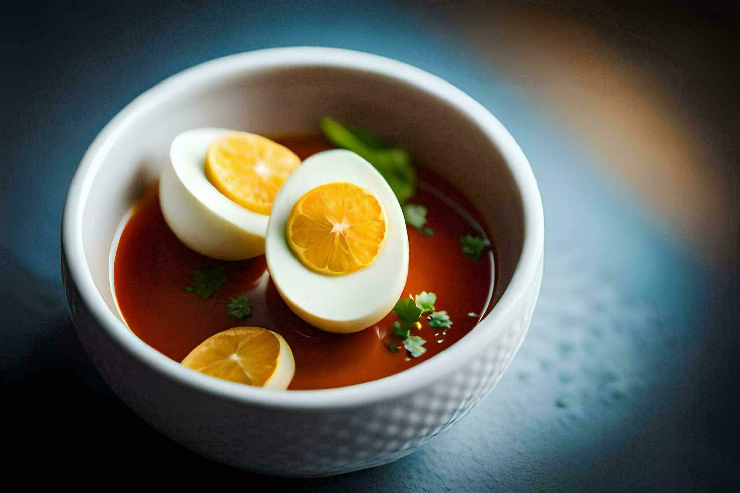 ein Schüssel von Tomate Suppe mit zwei schwer gekocht Eier. KI-generiert foto