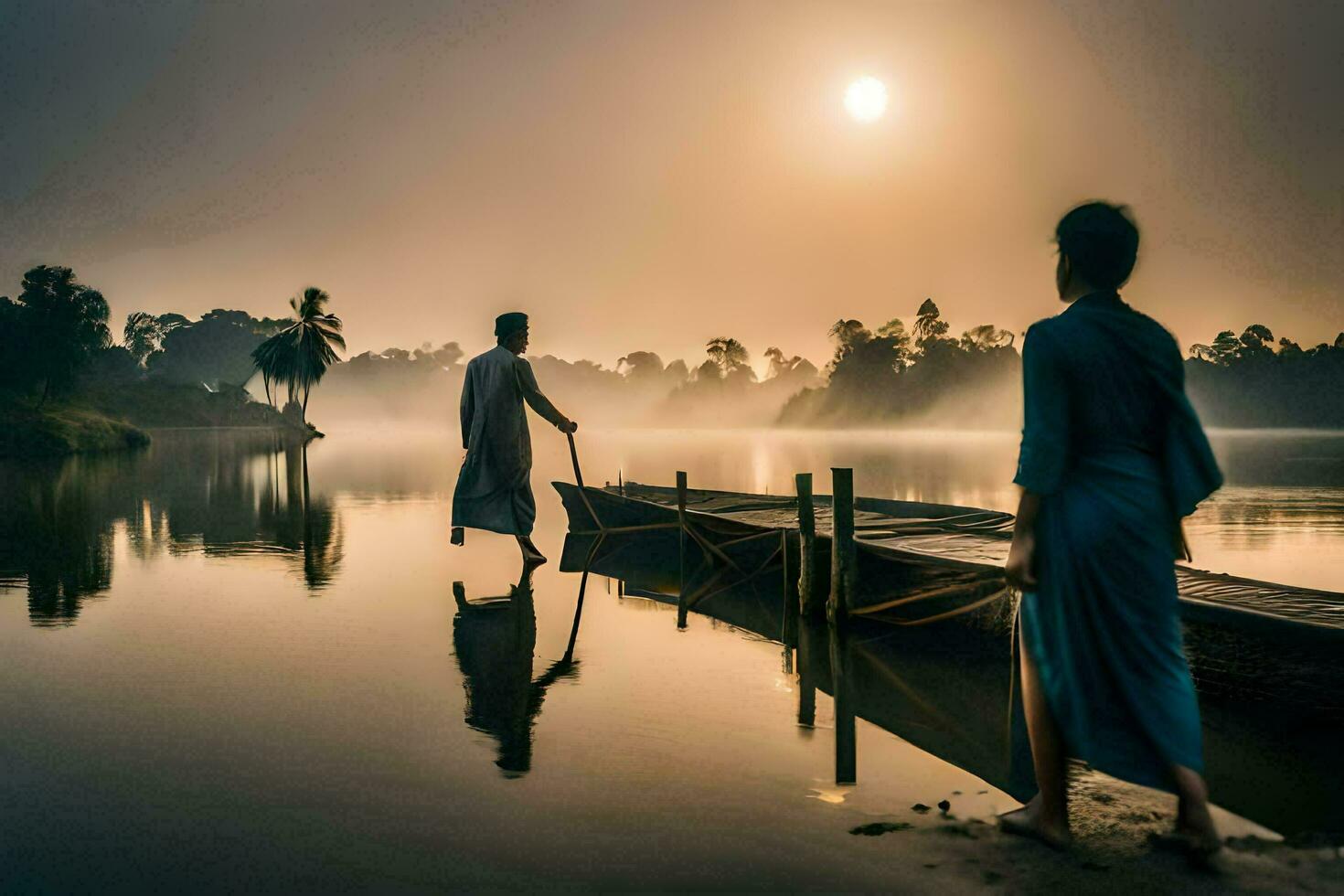 zwei Männer Gehen über ein Fluss beim Sonnenaufgang. KI-generiert foto