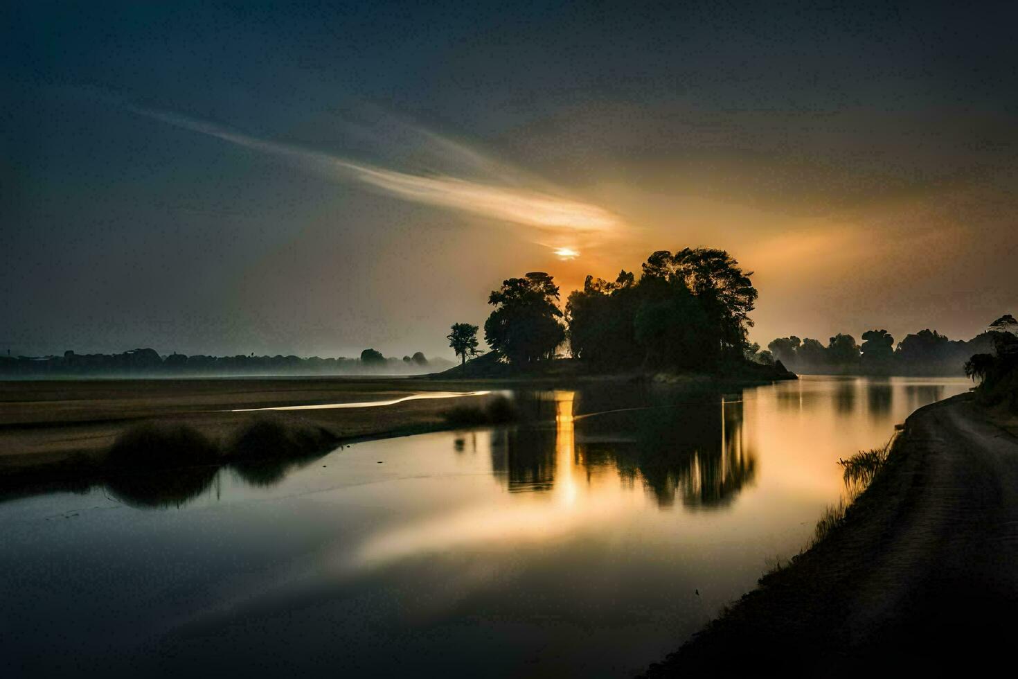 das Sonne steigt an Über ein Fluss im das Mitte von ein Feld. KI-generiert foto