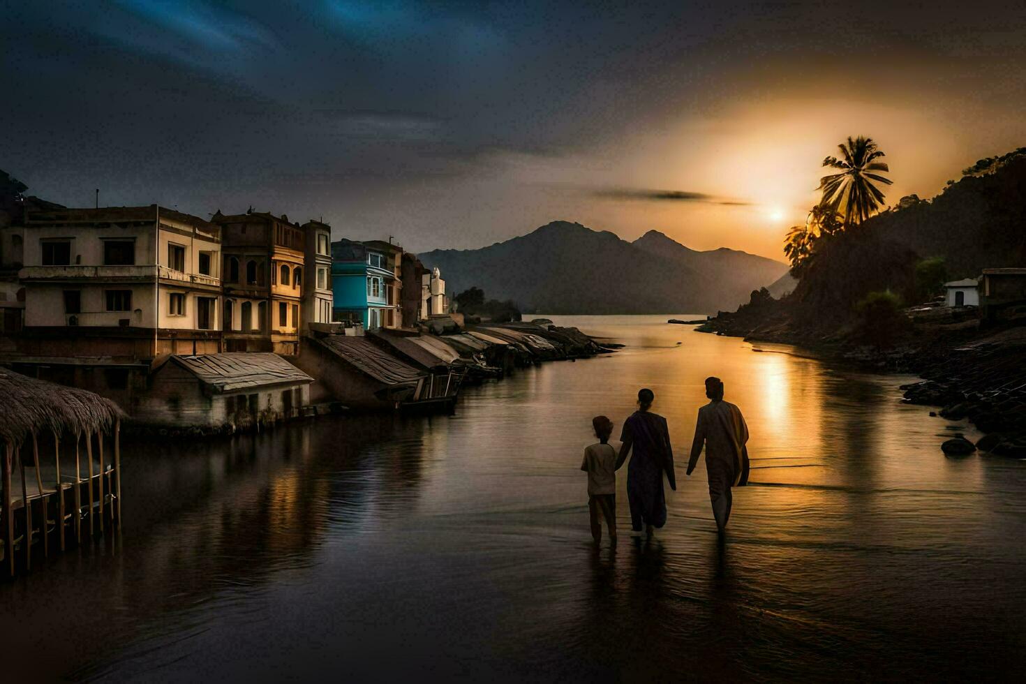 drei Menschen gehen entlang das Fluss beim Sonnenuntergang. KI-generiert foto