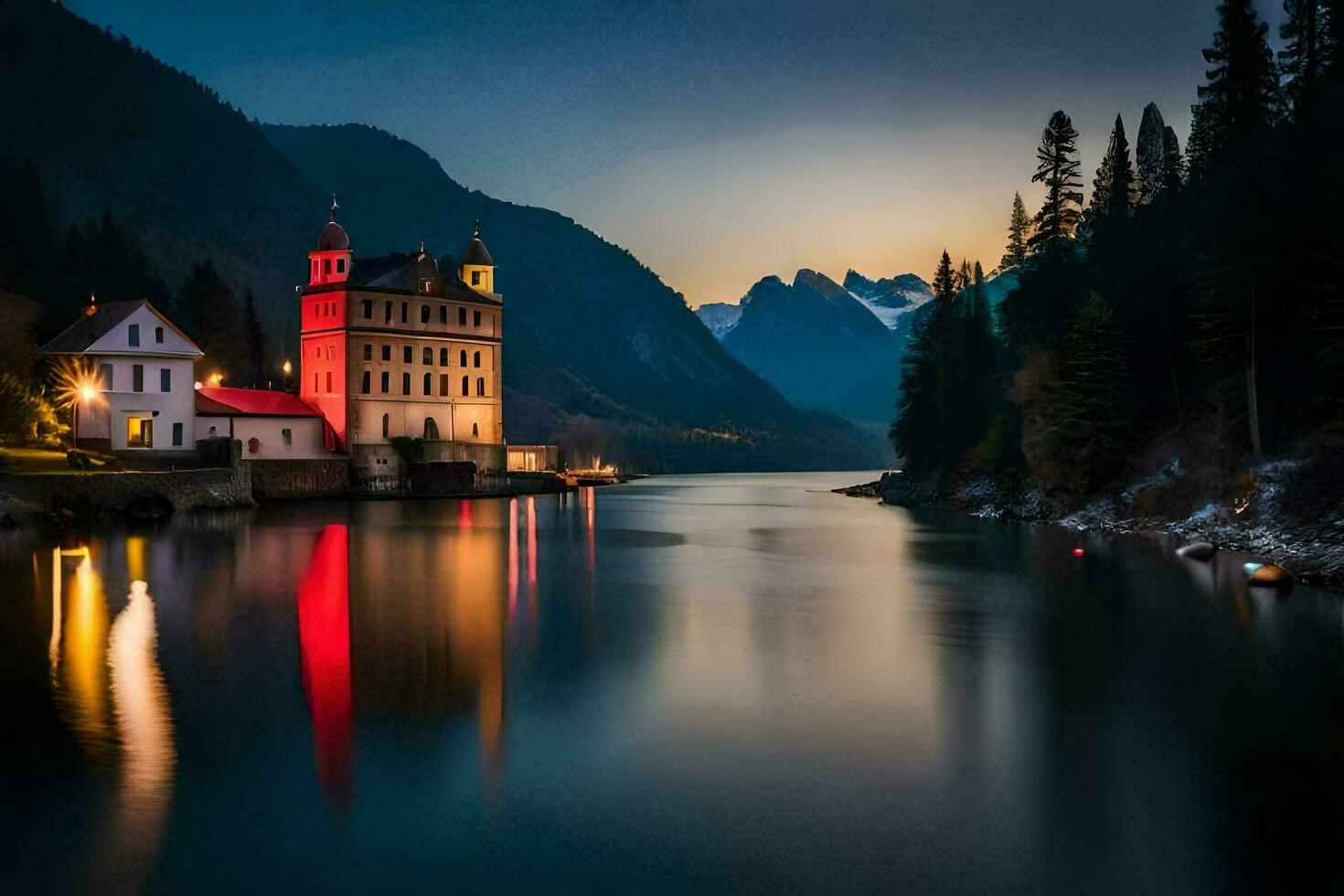 ein Schloss sitzt auf das Seite von ein Fluss beim Nacht. KI-generiert foto