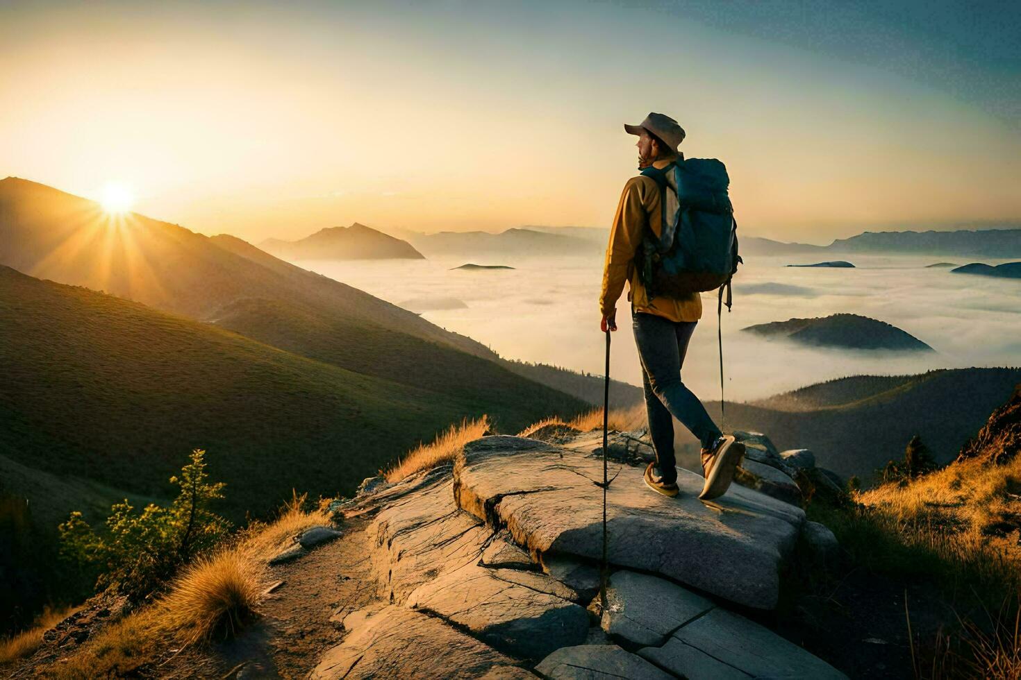 ein Mann mit ein Rucksack und Trekking Stangen steht auf ein Berg oben beim Sonnenaufgang. KI-generiert foto