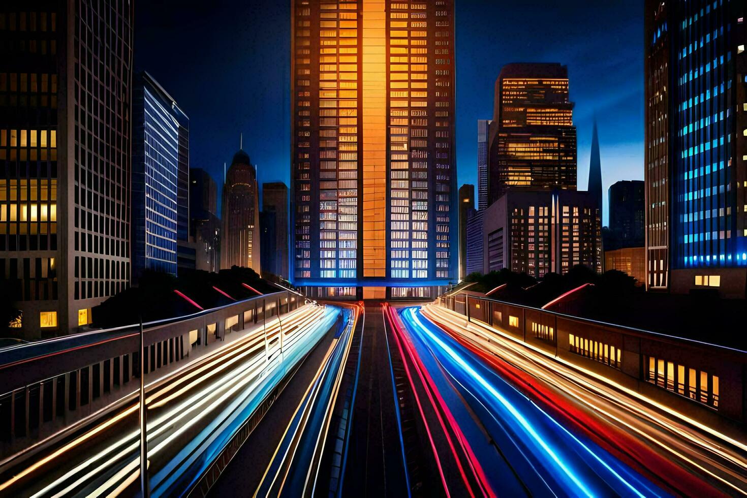 ein Stadt Straße beim Nacht mit Beleuchtung auf das Gebäude. KI-generiert foto