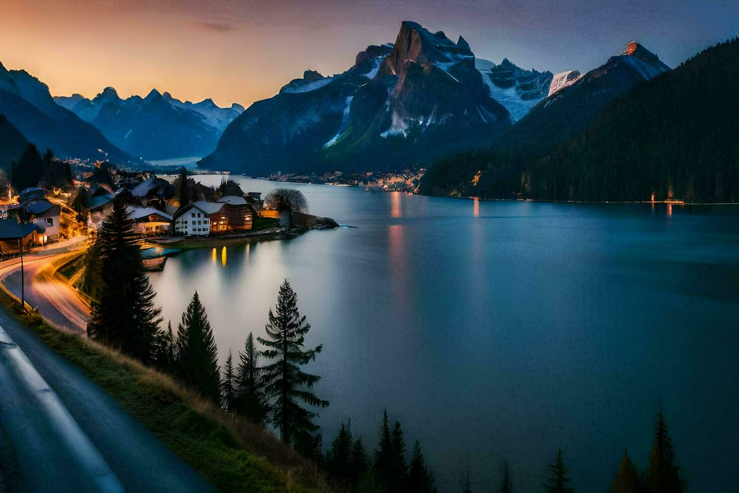 ein Straße läuft durch das Berge beim Sonnenuntergang. KI-generiert foto