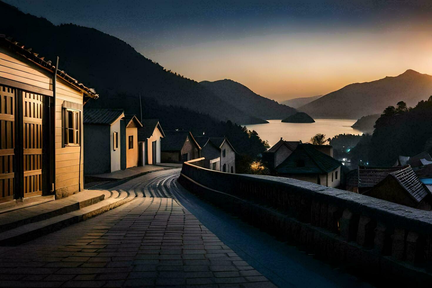 ein Sonnenuntergang Über ein Stadt, Dorf mit Häuser und Berge. KI-generiert foto