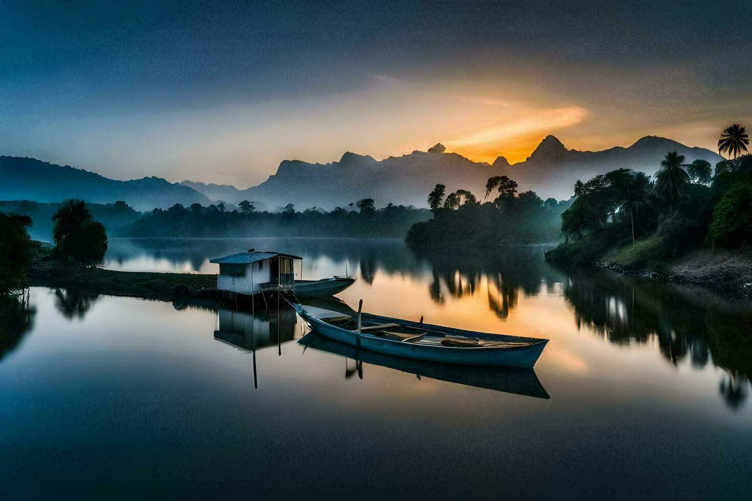 ein Boot sitzt auf das Wasser beim Sonnenaufgang im das Berge. KI-generiert foto