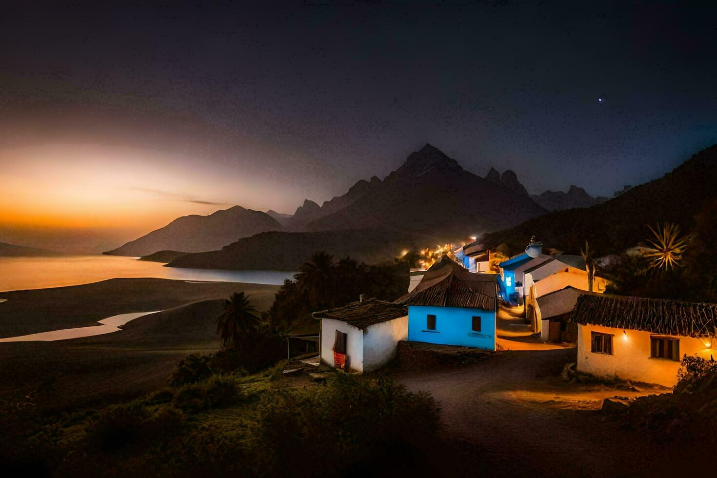 ein Dorf beim Nacht mit Blau Beleuchtung auf das Dächer. KI-generiert foto
