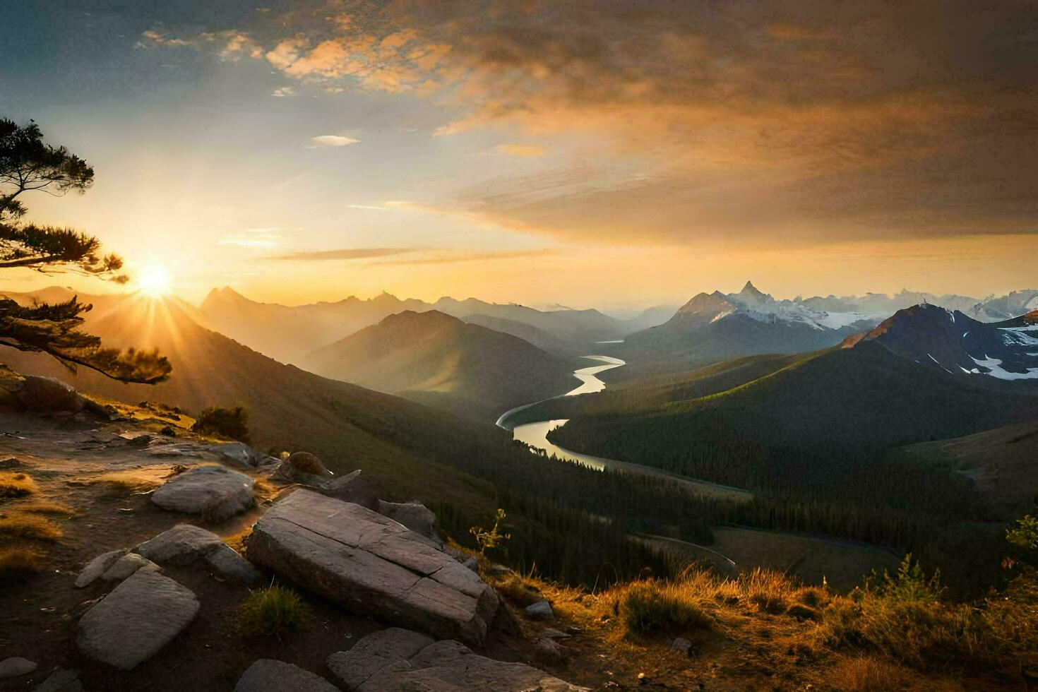 das Sonne steigt an Über ein Berg Angebot und Schlucht. KI-generiert foto