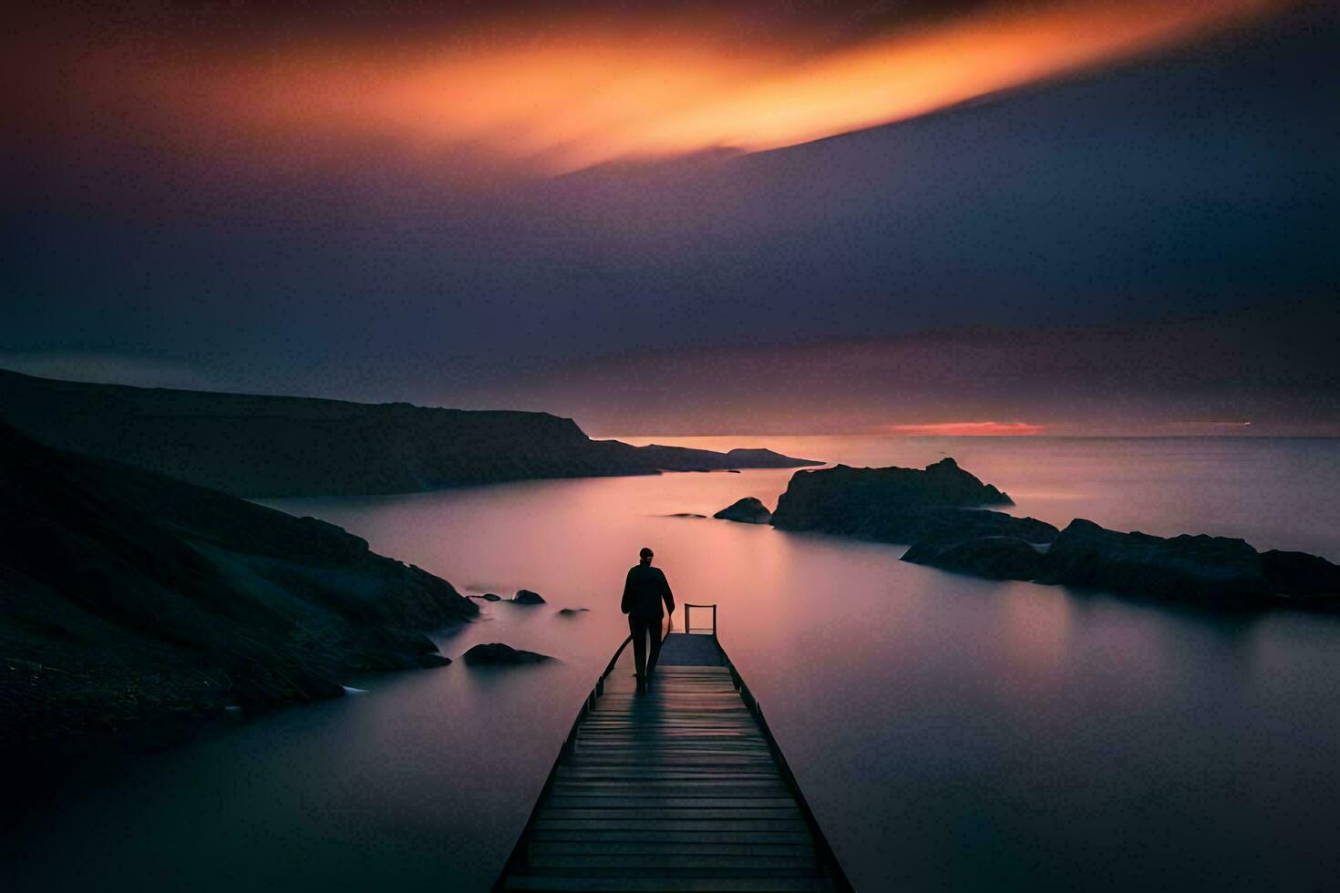 ein Mann Stehen auf ein Seebrücke suchen aus Über das Ozean. KI-generiert foto