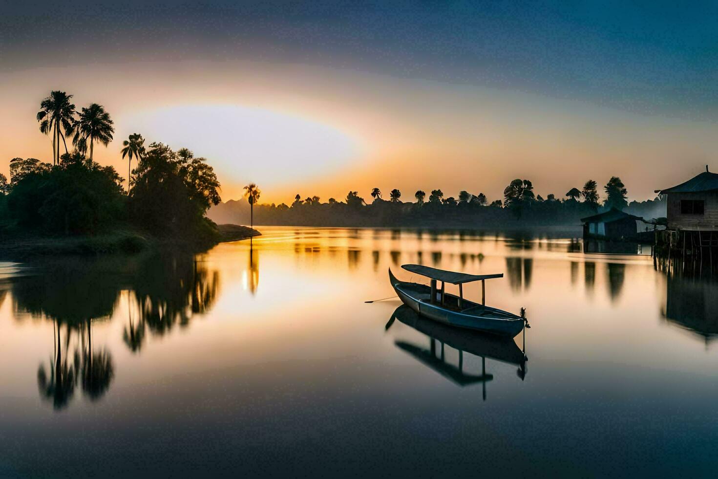 ein Boot ist schwebend auf das Wasser beim Sonnenuntergang. KI-generiert foto