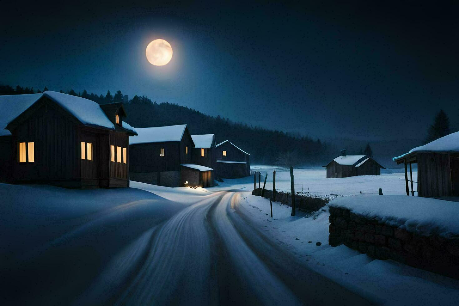 ein schneebedeckt Straße im Vorderseite von ein Haus beim Nacht. KI-generiert foto