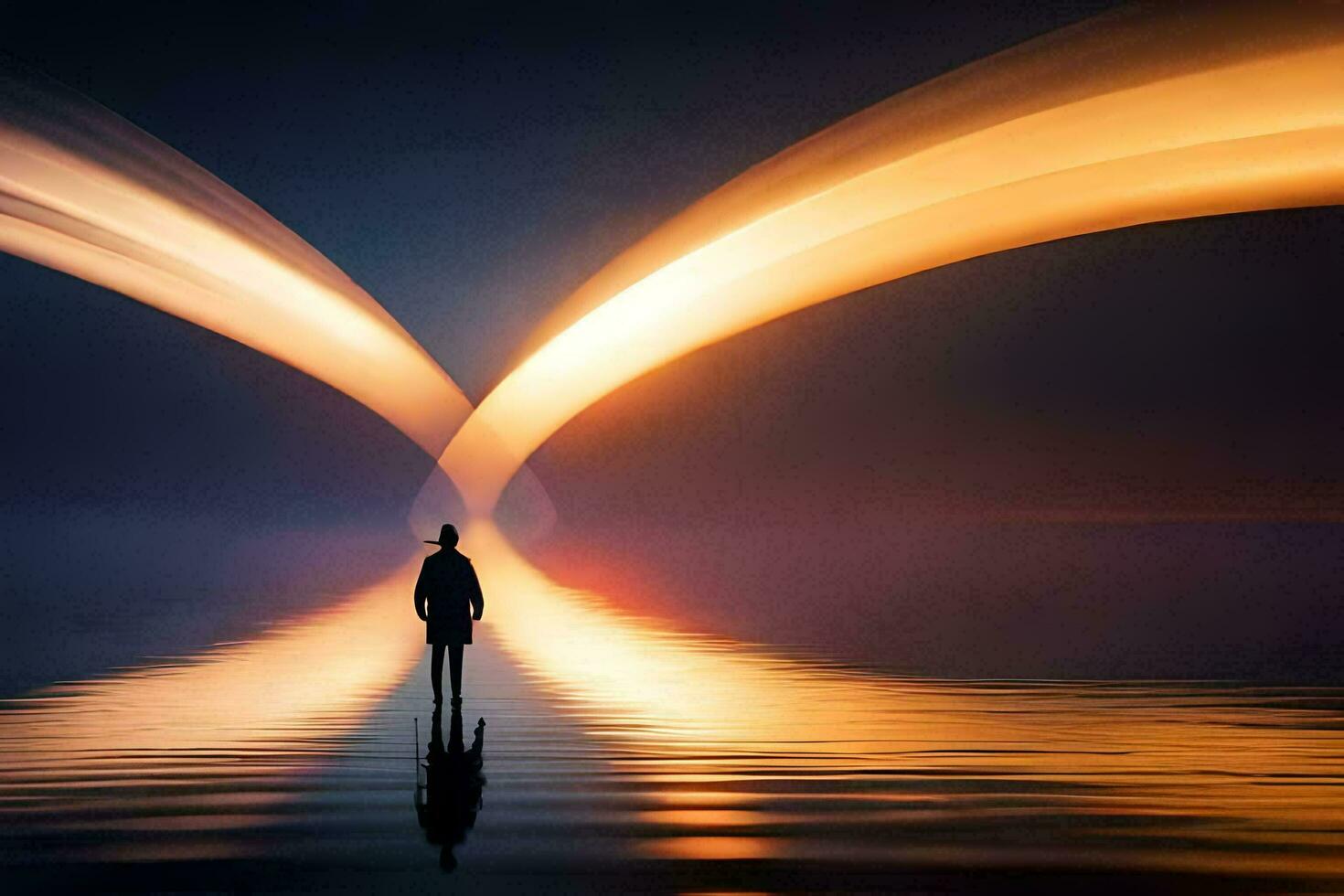 ein Mann Stehen im das Mitte von ein See mit ein lange Licht Pfad. KI-generiert foto
