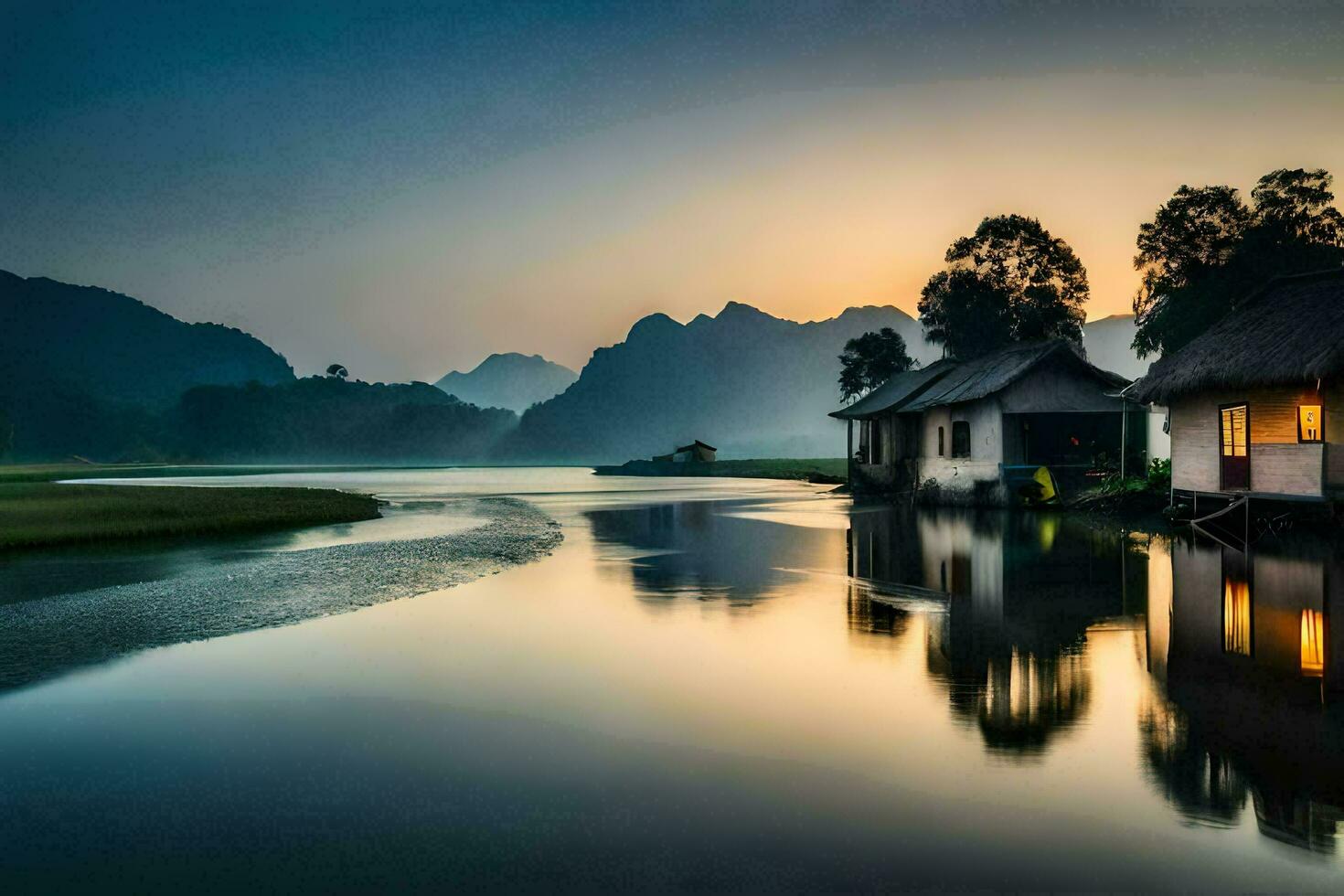 ein Haus auf das Fluss beim Sonnenuntergang. KI-generiert foto