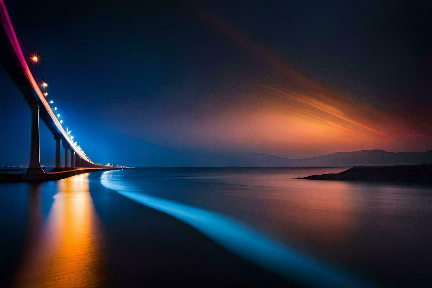 ein Brücke beim Nacht mit hell Beleuchtung. KI-generiert foto