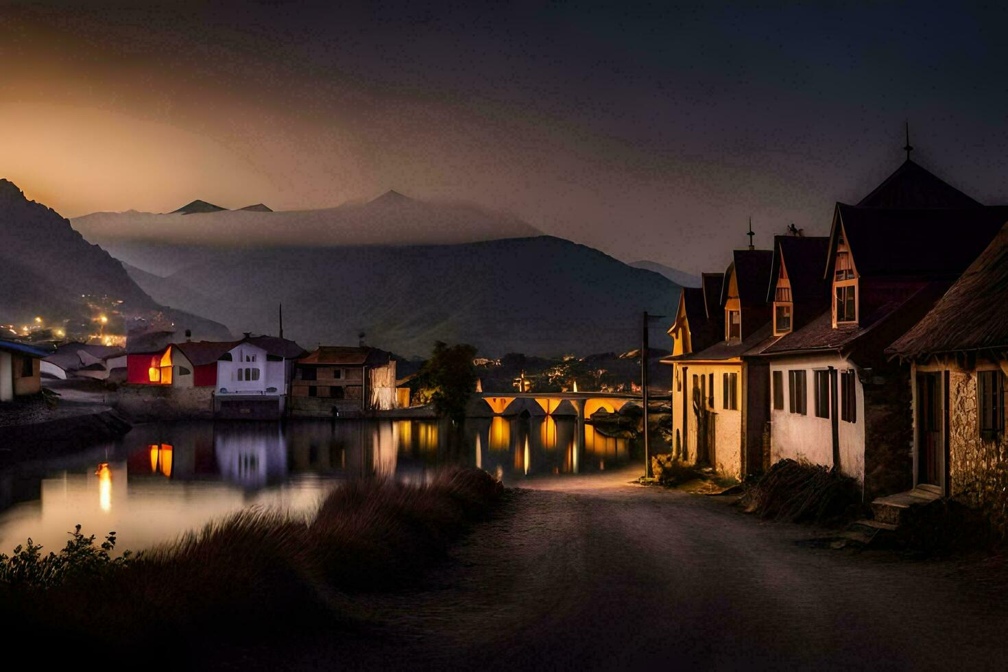 ein Dorf beim Dämmerung mit ein Fluss und Berge im das Hintergrund. KI-generiert foto