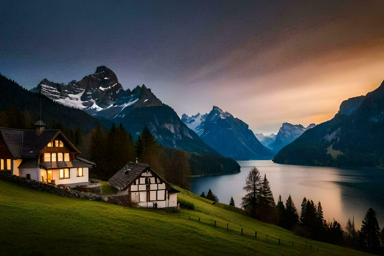 ein Haus sitzt auf ein Hügel mit Blick auf ein See und Berge. KI-generiert foto