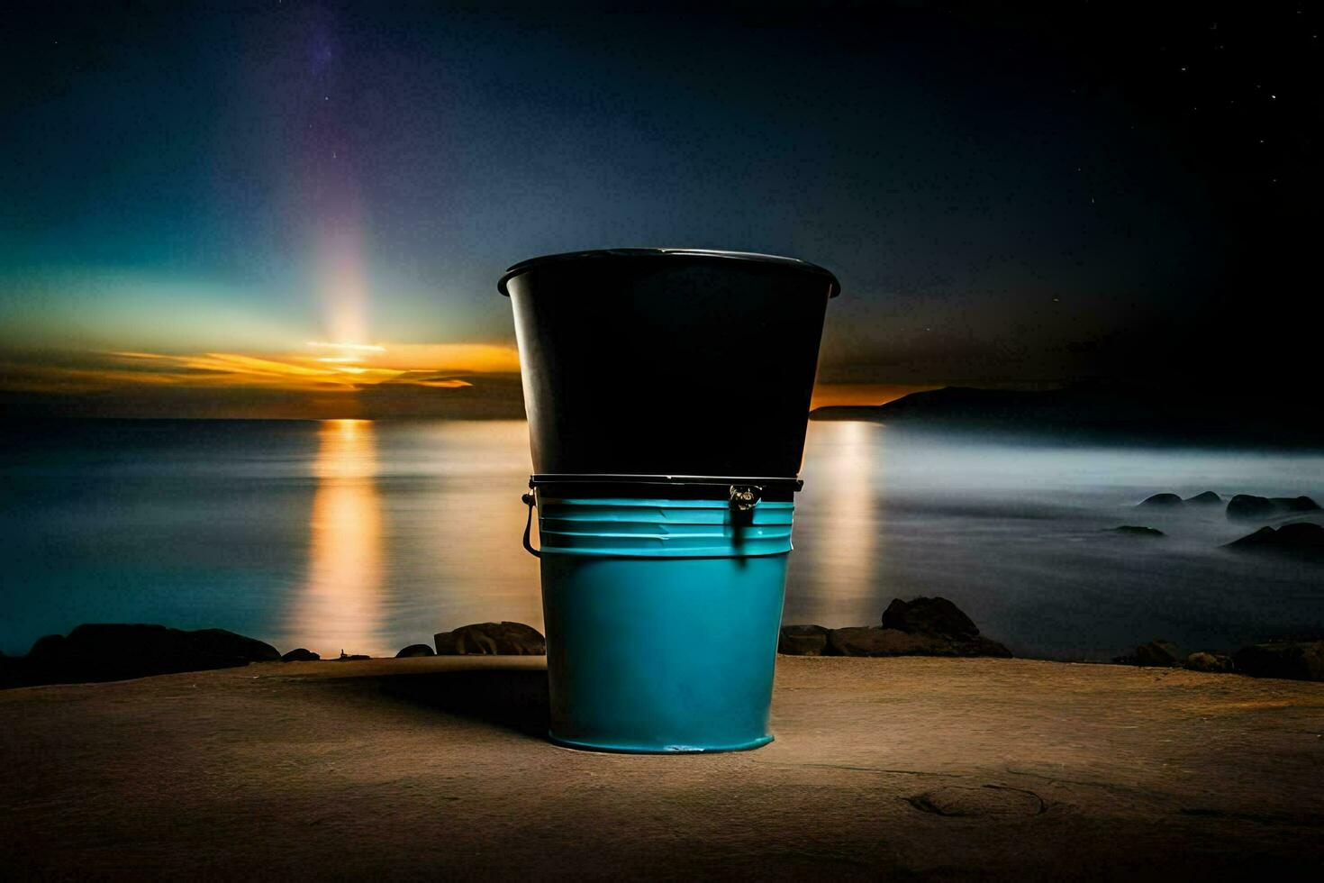 ein Eimer Sitzung auf das Strand beim Nacht. KI-generiert foto