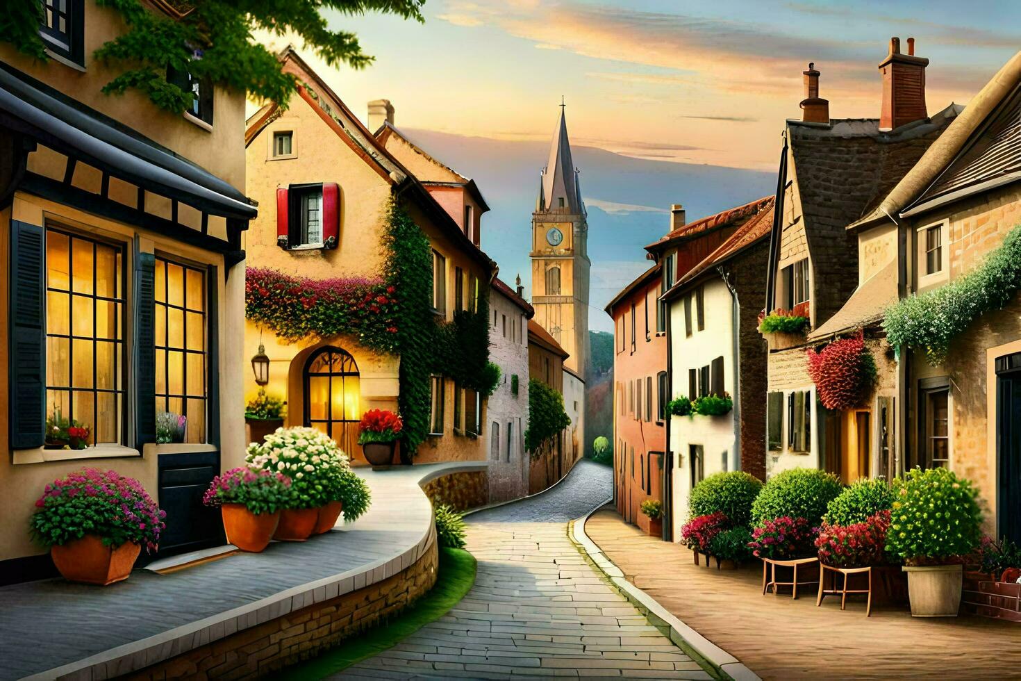 ein Straße im das Mitte von ein Dorf mit Häuser und Blumen. KI-generiert foto