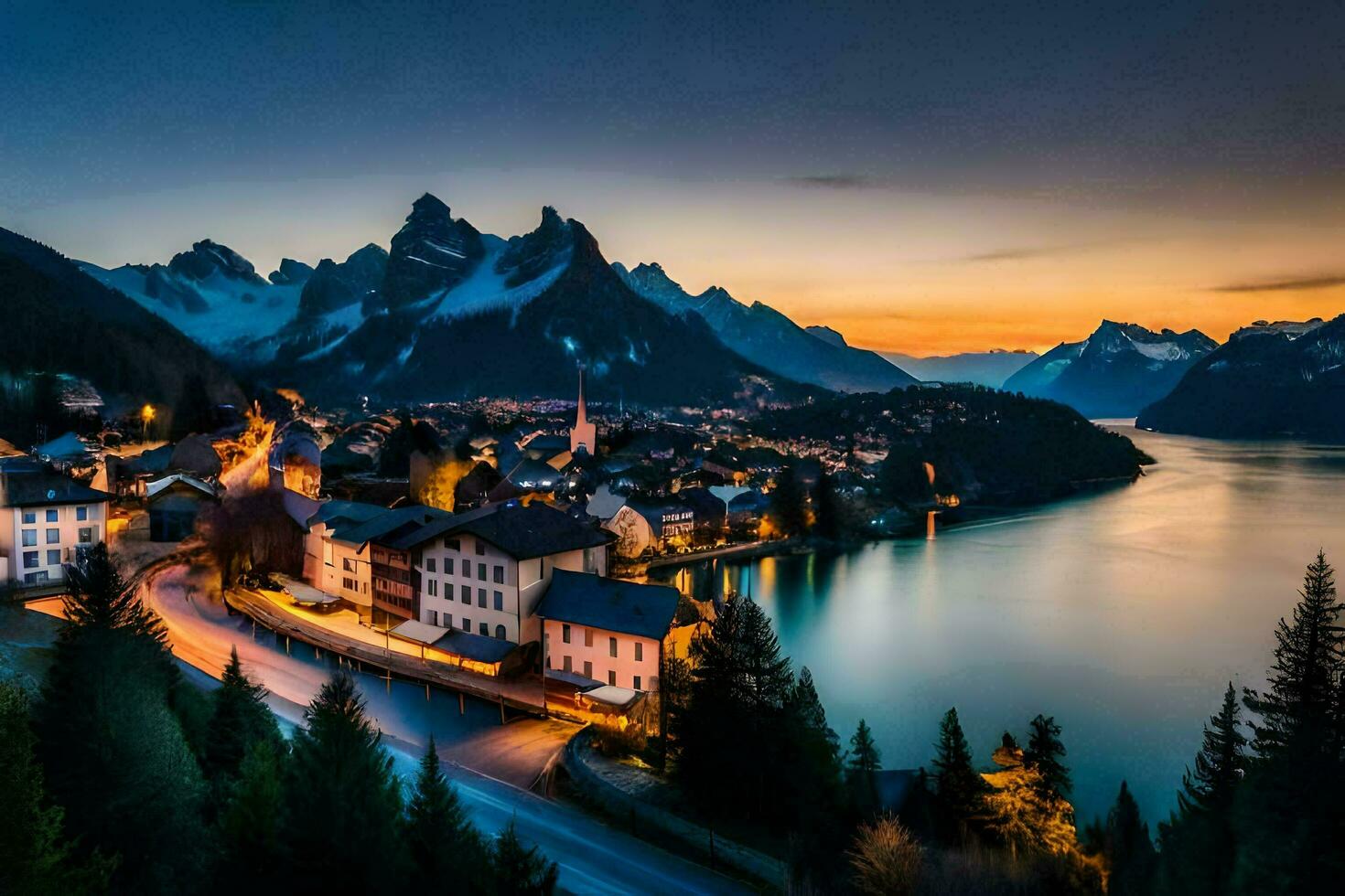 das Stadt, Dorf von Lothringen, Schweiz beim Sonnenuntergang. KI-generiert foto