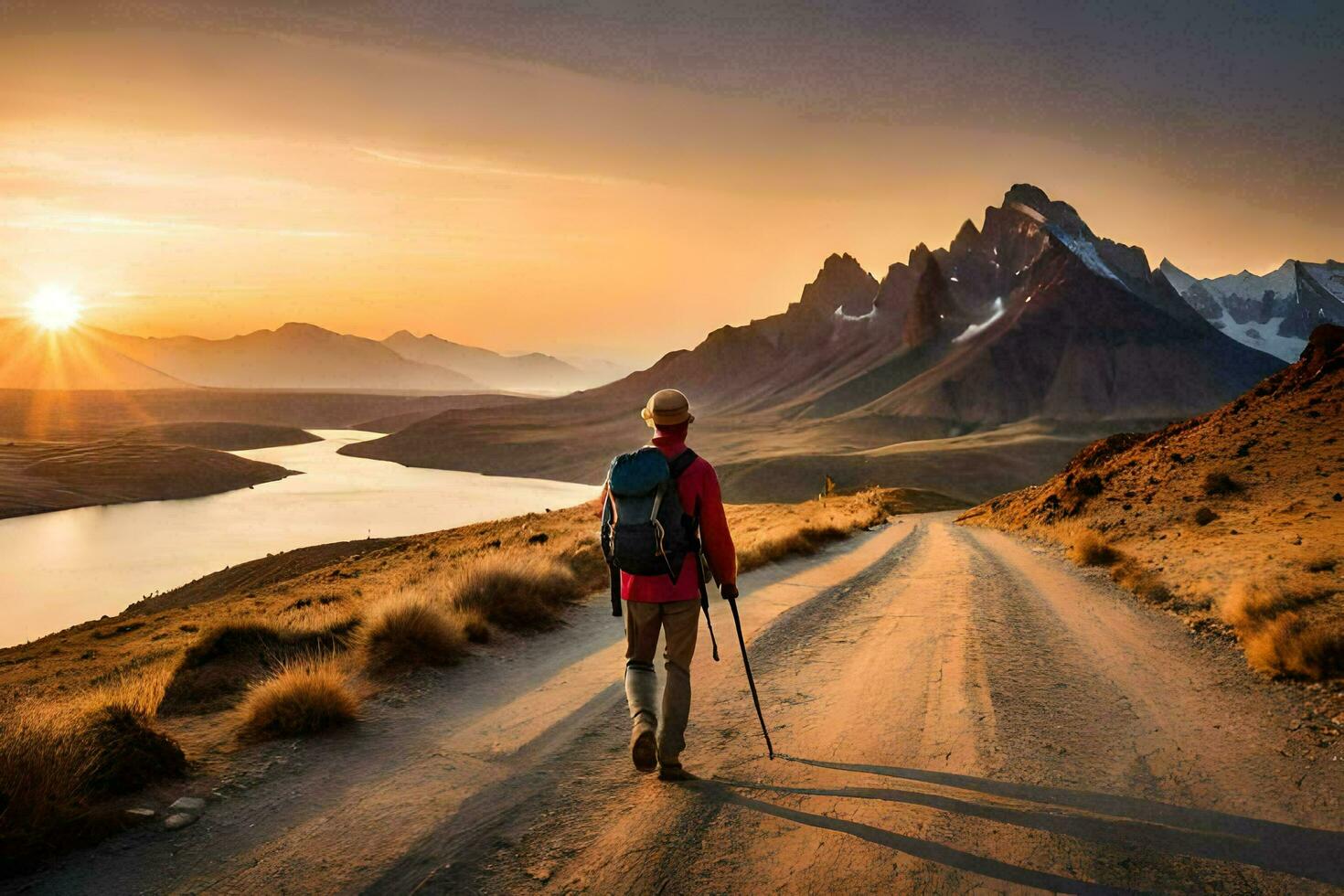 ein Mann mit ein Rucksack Spaziergänge auf ein Straße im das Berge. KI-generiert foto