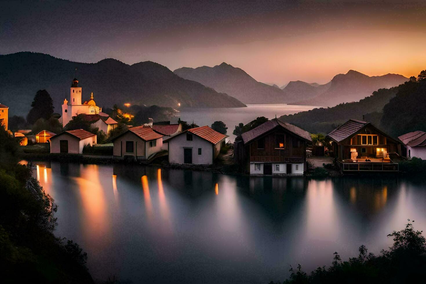 Foto Hintergrund das Himmel, Wasser, Berge, See, Häuser, das Dorf, das See,. KI-generiert