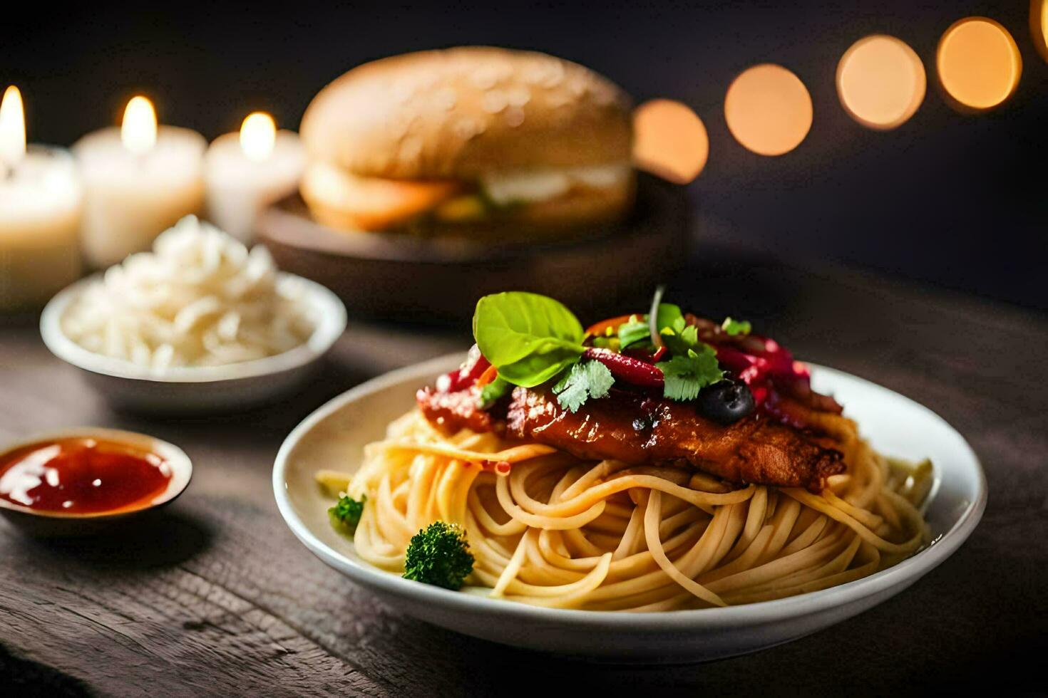 Spaghetti mit Hähnchen und Soße auf ein Platte. KI-generiert foto