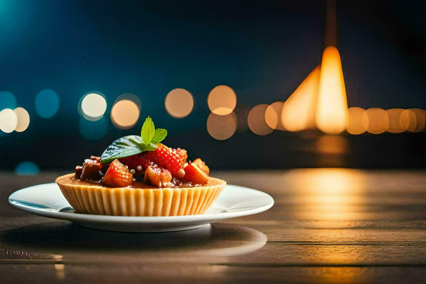 ein Cupcake mit Erdbeeren und Minze auf ein Platte. KI-generiert foto