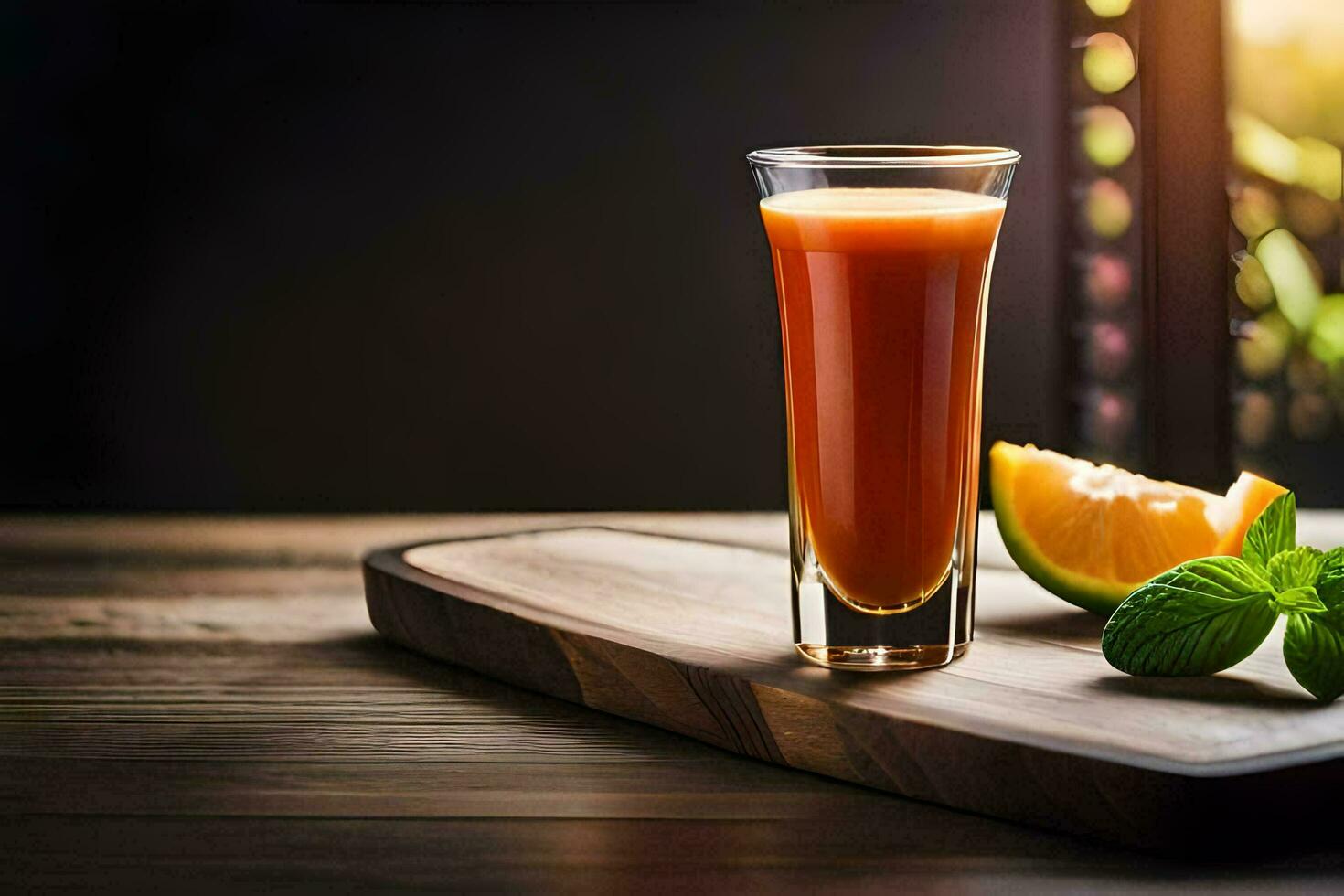 ein Glas von Orange Saft auf ein hölzern Tisch. KI-generiert foto