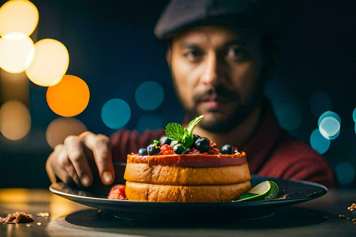 ein Mann ist halten ein Teller mit ein Kuchen auf Es. KI-generiert foto