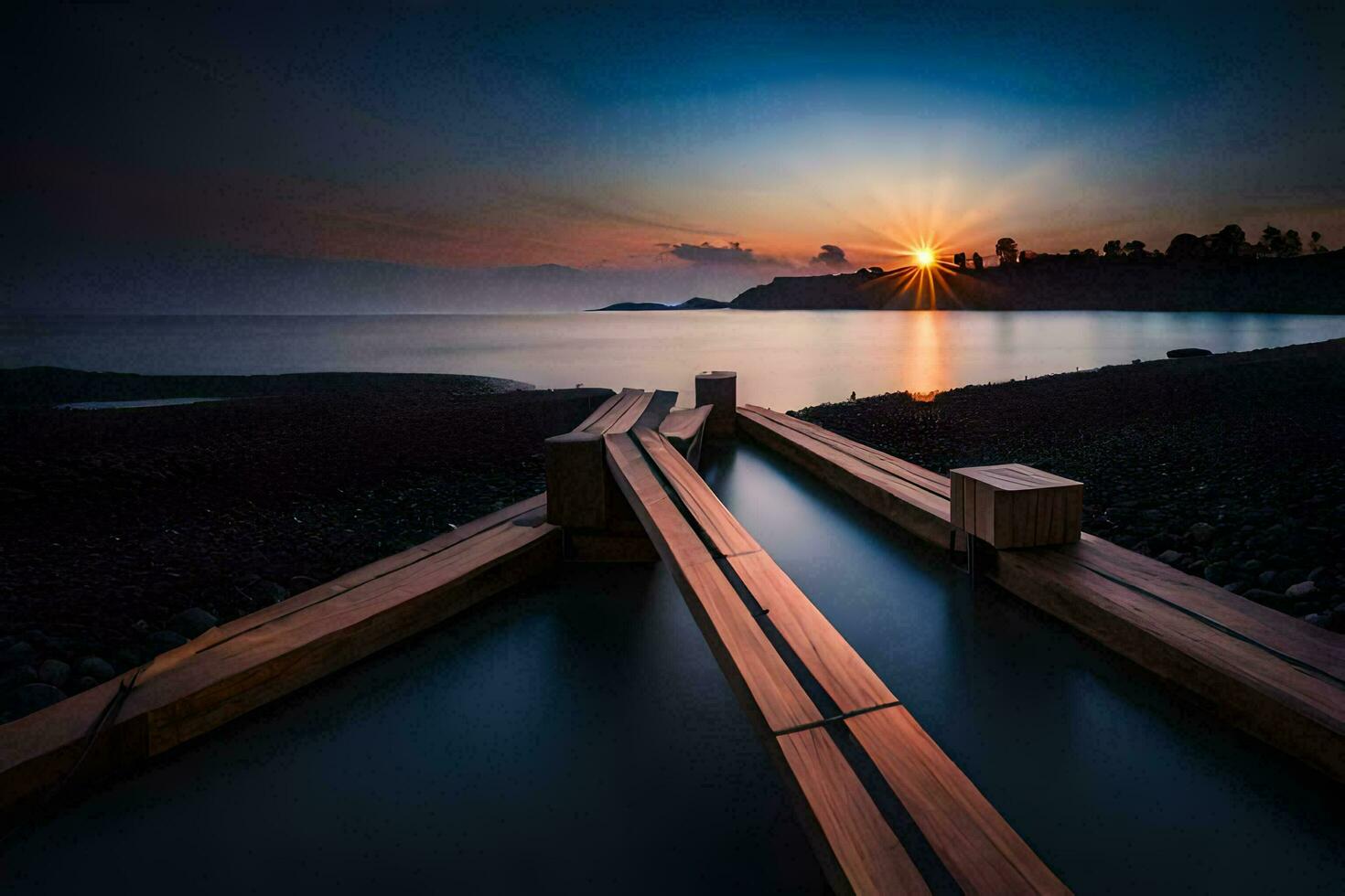 das Sonne setzt Über das Ozean und hölzern Gehwege. KI-generiert foto