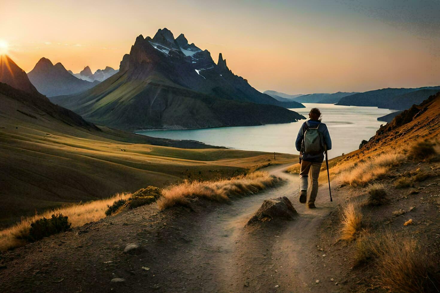 ein Mann Spaziergänge auf ein Weg im das Berge. KI-generiert foto