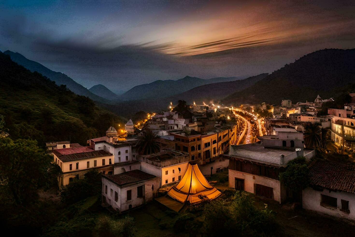 ein Stadt, Dorf beim Nacht mit ein Berg im das Hintergrund. KI-generiert foto