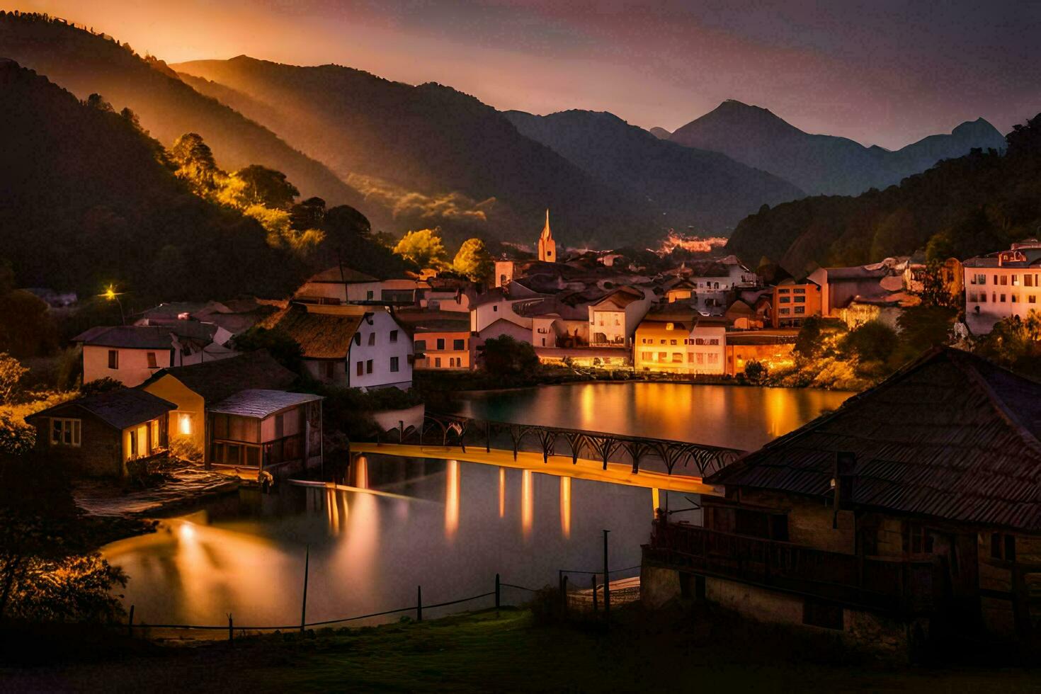 ein Dorf beim Dämmerung mit ein Brücke Über ein Fluss. KI-generiert foto