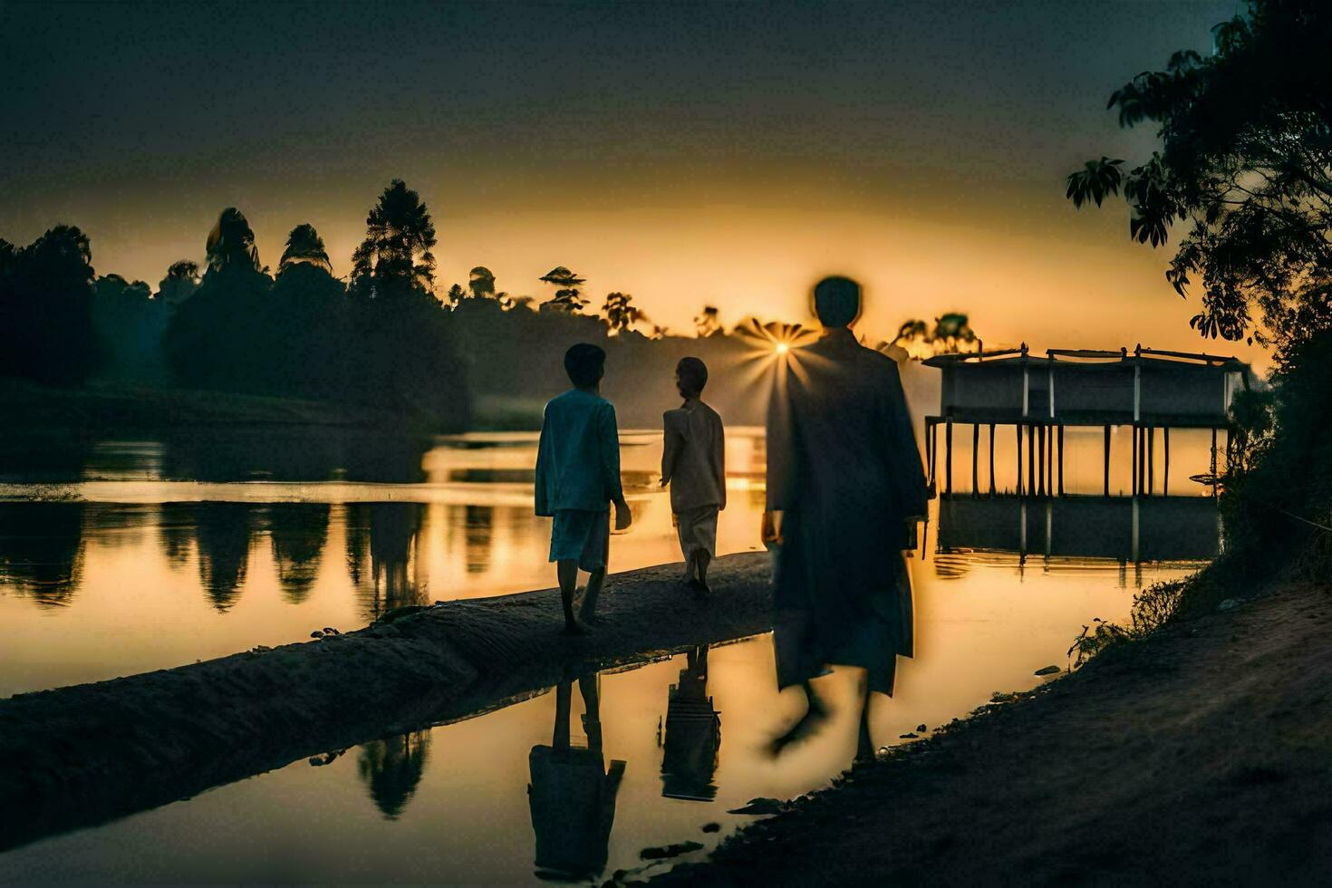 drei Menschen Gehen entlang das Fluss beim Sonnenuntergang. KI-generiert foto