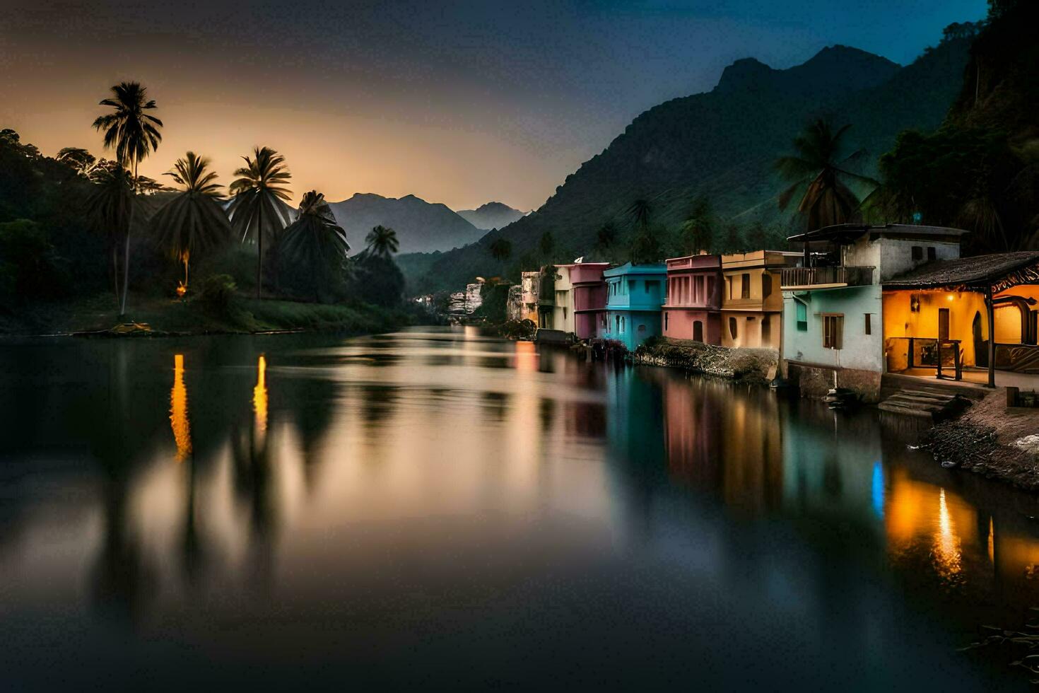 bunt Häuser auf das Banken von ein Fluss beim Sonnenuntergang. KI-generiert foto