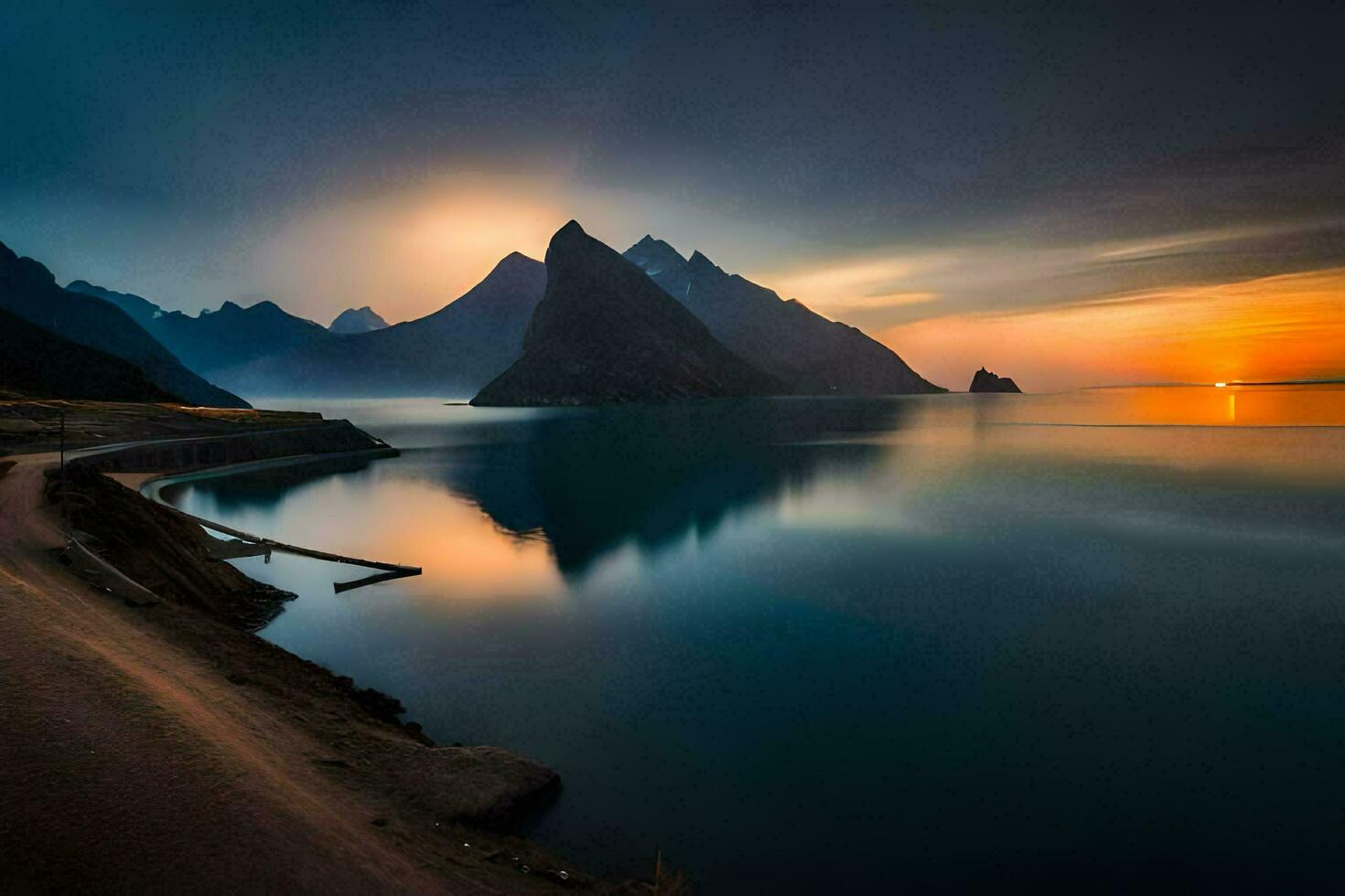 das Sonne steigt an Über Berge und Wasser im das Lofoten Inseln. KI-generiert foto