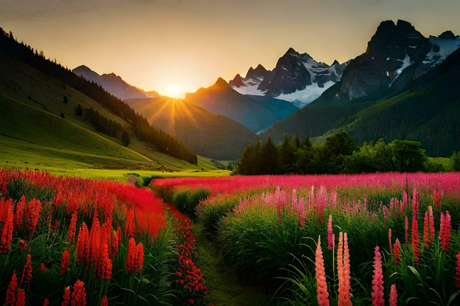 das Sonne steigt an Über ein Feld von Blumen und Berge. KI-generiert foto