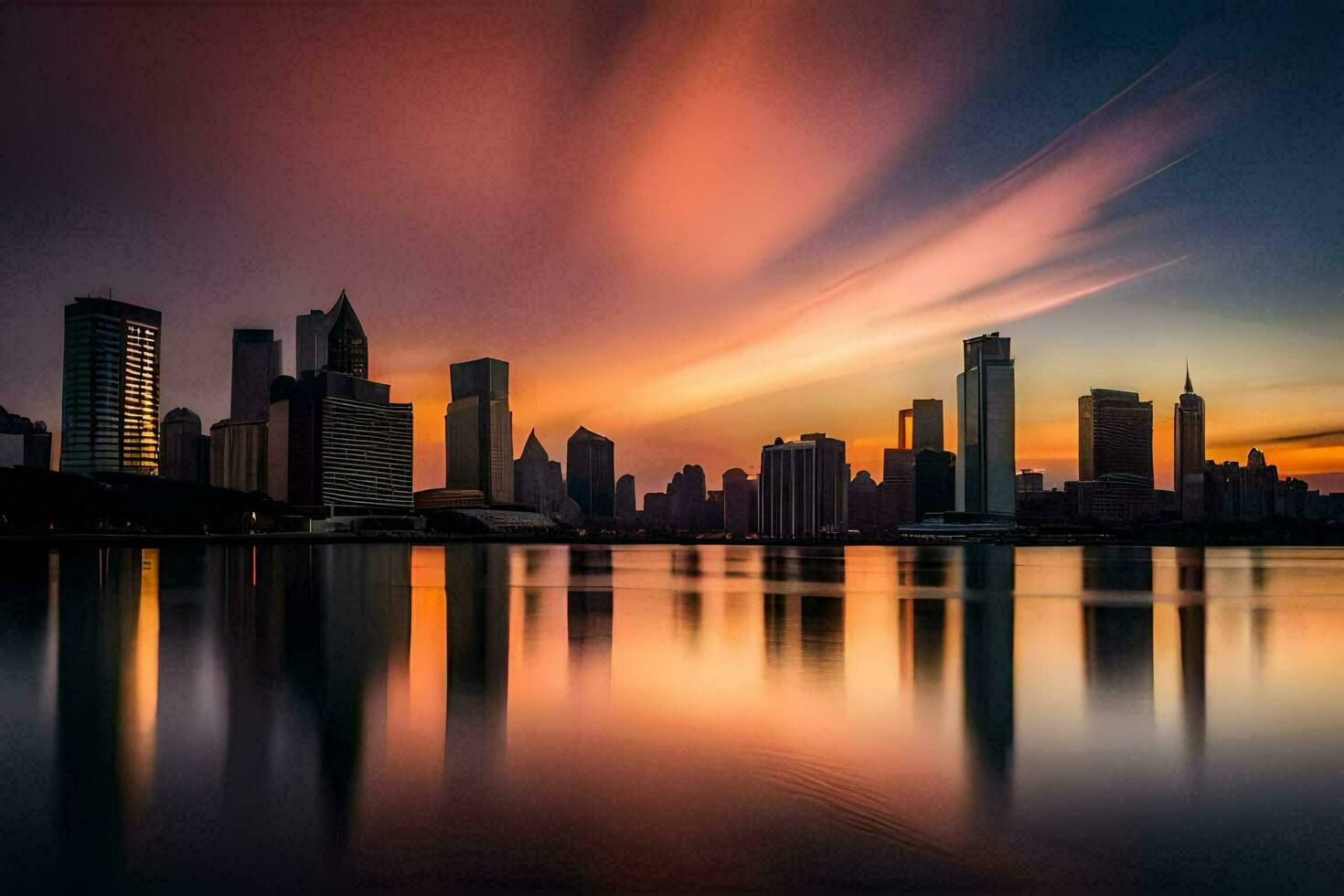 das Stadt Horizont ist reflektiert im das Wasser beim Sonnenuntergang. KI-generiert foto